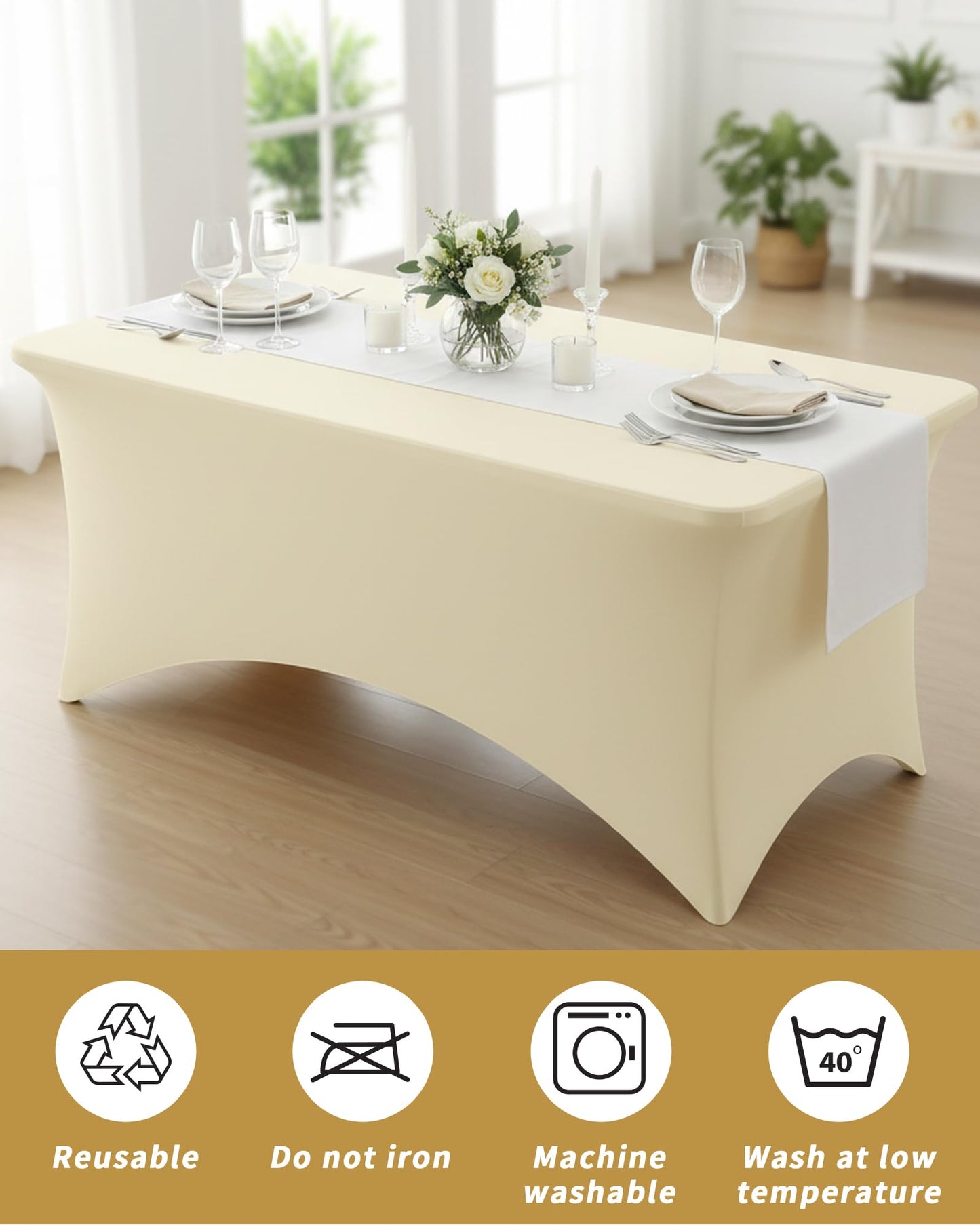 Fixwal 6 Pack 6Ft Ivory Table Cover, Spandex Fitted Tablecloths Rectangle, Wrinkle-Free and Stretch Folding Table Cloth for Banquet, Wedding, Party, Trade Show