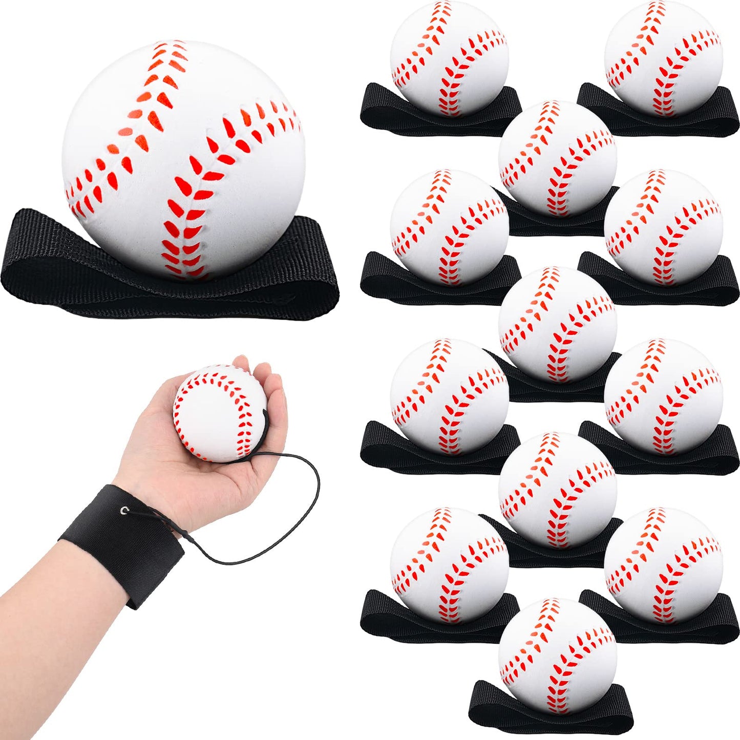 12 Pcs 2.36 Inch Sports Wrist Balls Baseball Ball Wristband Toys Rebound Ball Rubber Baseball Wrist Return Ball on a String for Wrist Exercise Nice Gift Party Favor Toy