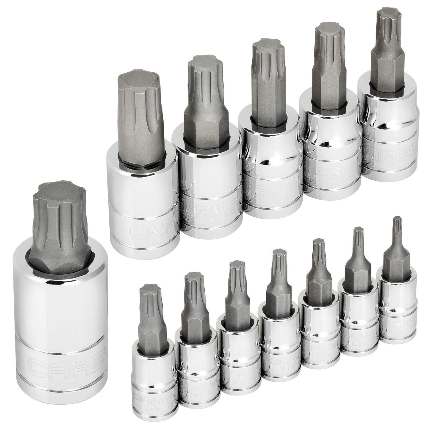 CARBYNE 13-Piece Torx Plus (aka 6 Lobe) Bit Socket Set, TP-8/IP-8 to TP-60/IP-60, S2 Steel Bits, CRV Sockets | 1/4 in., 3/8 in., & 1/2 in. Drive
