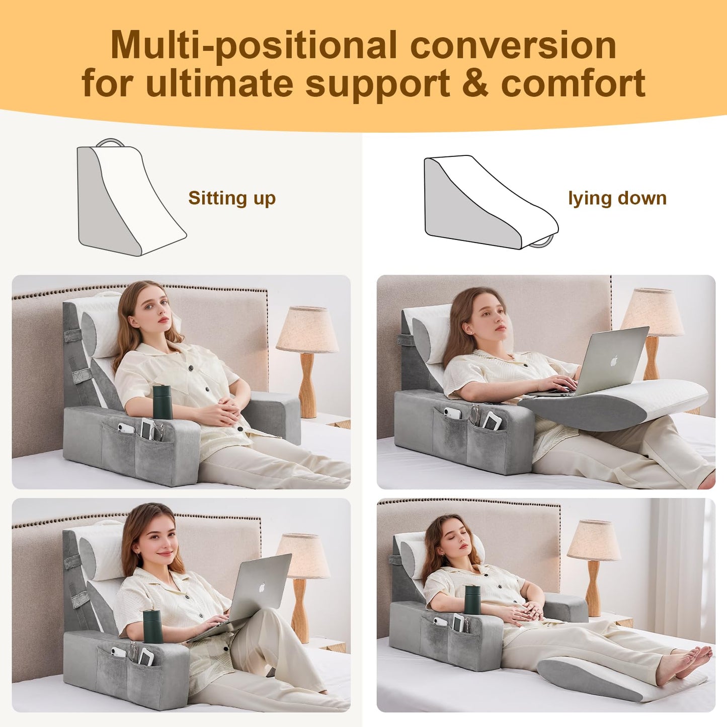 Reading Pillow for Sitting in Bed Adult, Back Pillow for Bed Sitting up with Arms, Pockets and Cup holder, Sit Up Backrest Pillows for Beds Chair Support, Rest Pillow for Gaming (Light gray, 5PCS)