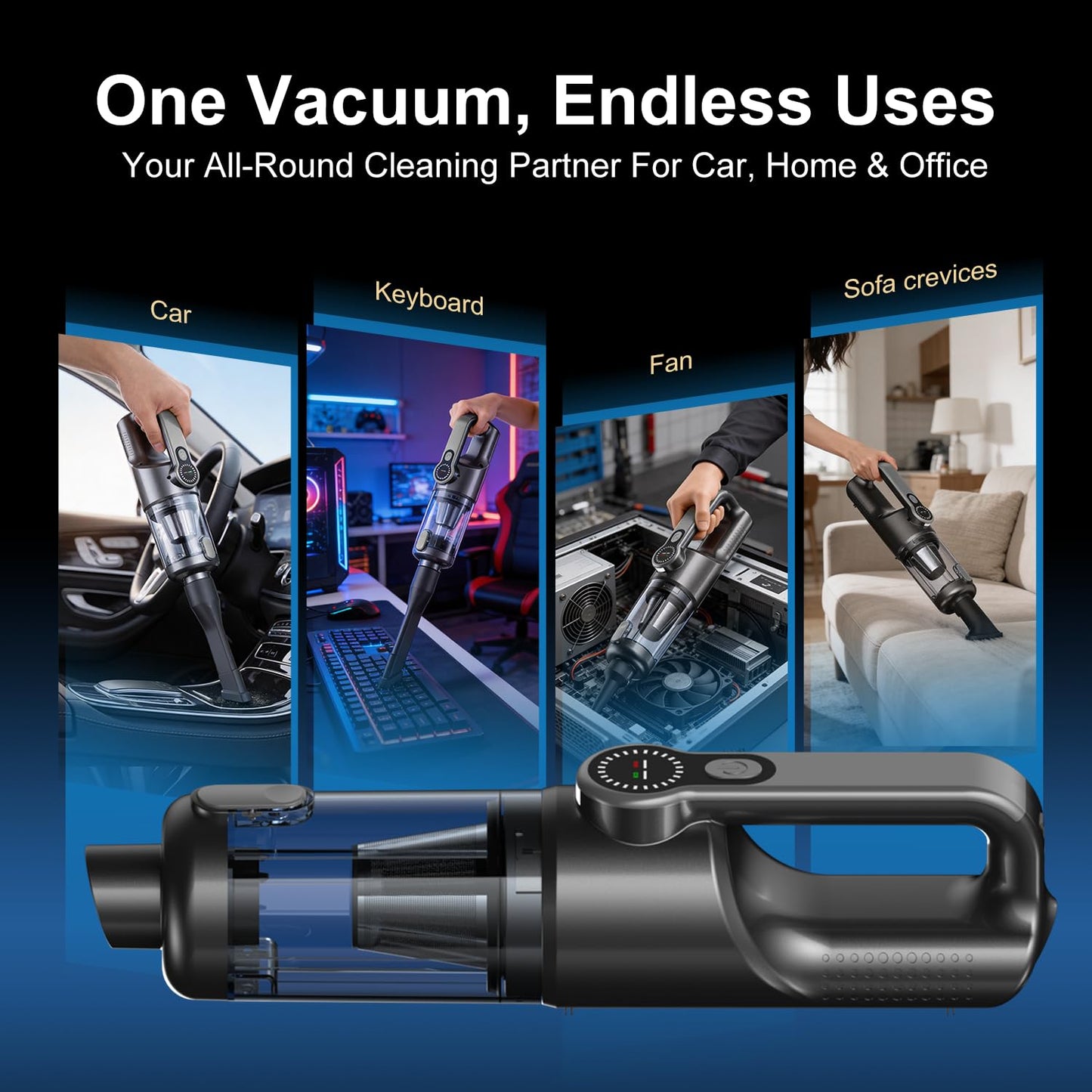 LIMIOCASA 18000Pa Cordless Handheld Car Vacuum Cleaner – 35-Min Runtime, LED Light & LCD Screen, 2-in-1 Blower Function – Lightweight 1.9lb Portable Vacuum for Pet Hair, Home & Car Interior (Black)