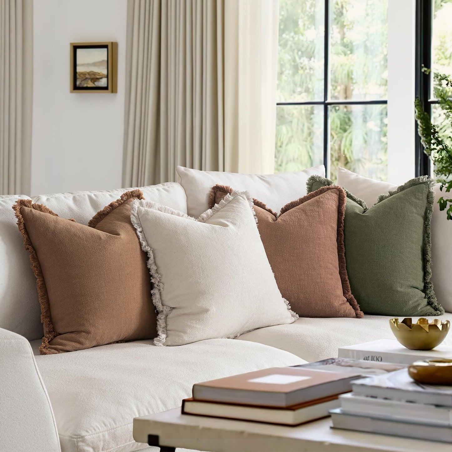 MIULEE Fall Decorative Couch Pillow Covers Neutral Linen Fringe Throw Pillows Set of 4 Soft Rustic Cushions Boho Farmhouse Pillowcases for Bed Sofa Living Room Home Decor 18x18 Inch Beige/Brown/Green