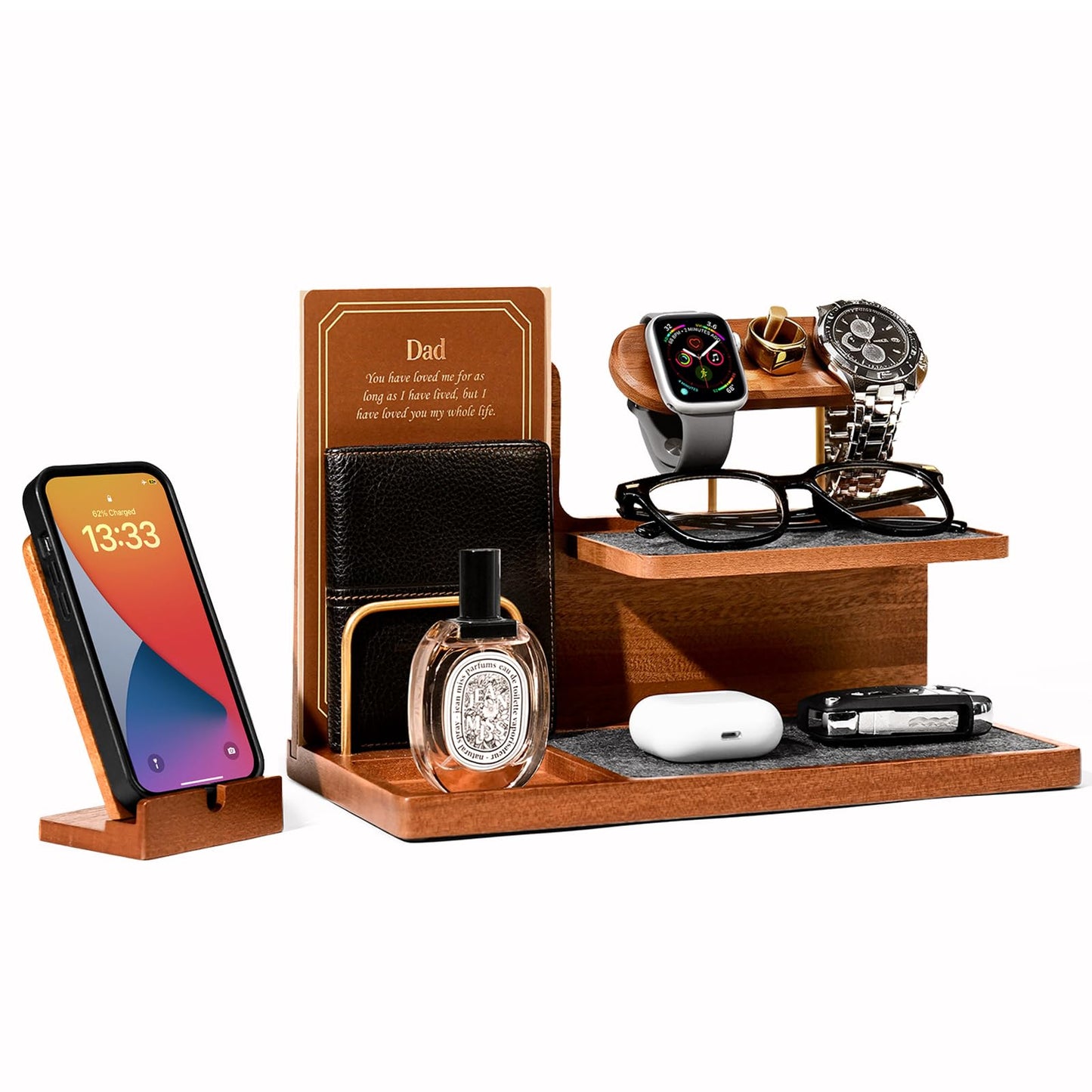 UPERGO Fathers Day Gift for Dad, Wooden Nightstand Organizer Stand, Valet Tray EDC Caddy for Men, Desktop & Tabletop Home Decor – Phone Wallet Keys Watch Holder with Elegant Gift Box