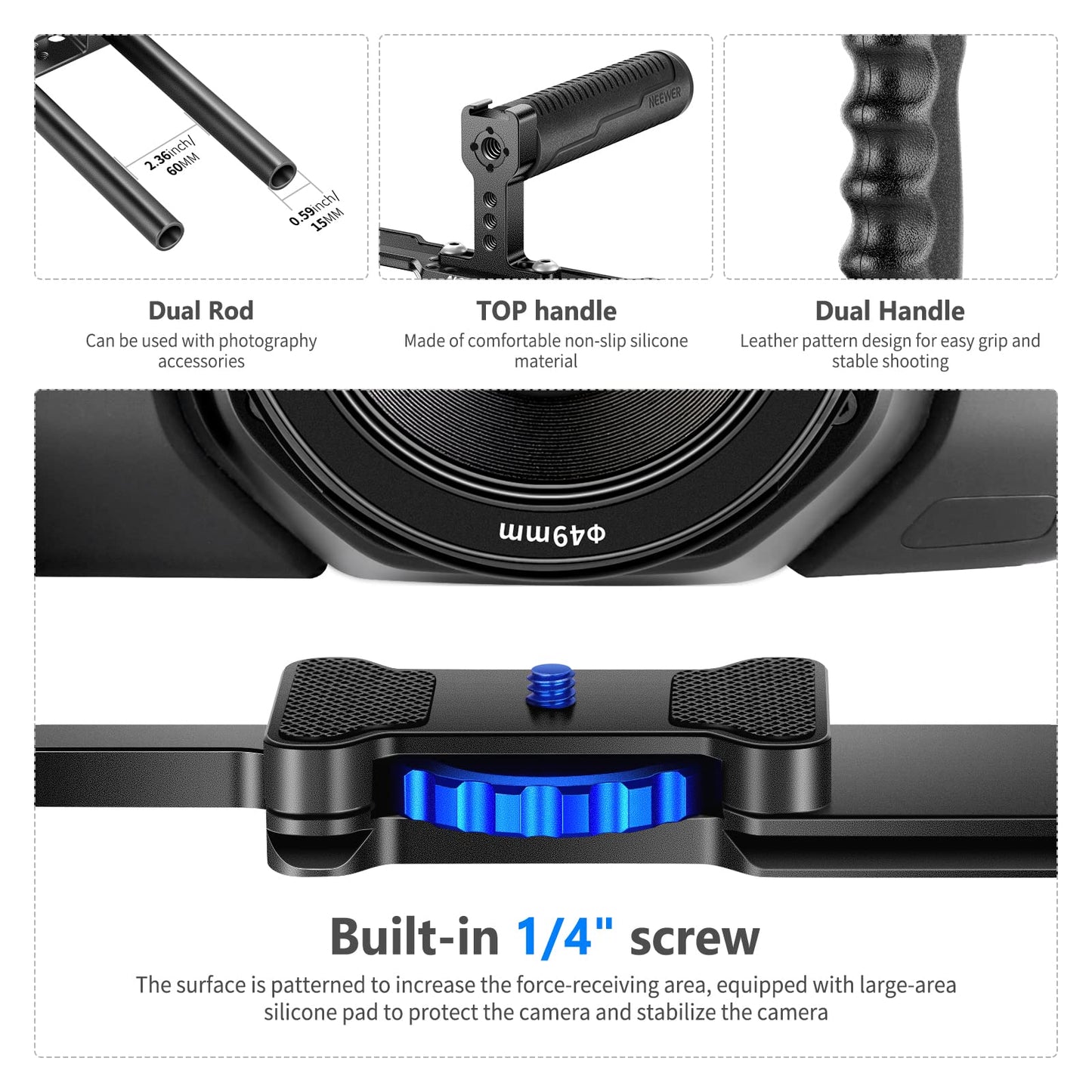 NEEWER Aluminum Alloy Camera Cage, Filmmaking Rig with Top Handle, Dual Grips & Arca Type Base, Compatible with Sony A7S III A7IV A6600 Canon EOS R5C R5 R6 DSLR/Mirrorless Cameras - VS107, Blue