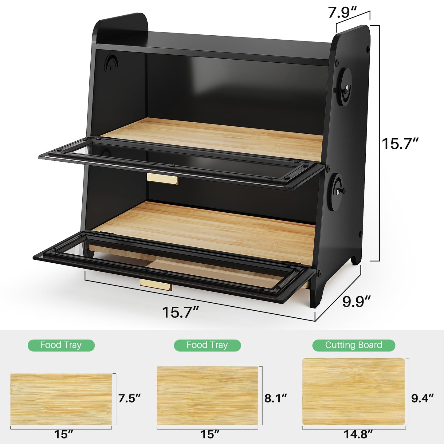 SNTD Bread Box - Kitchen Countertop Bread Storage Container with Bamboo Cutting Board, Adjustable Vent Hole Dials, Black