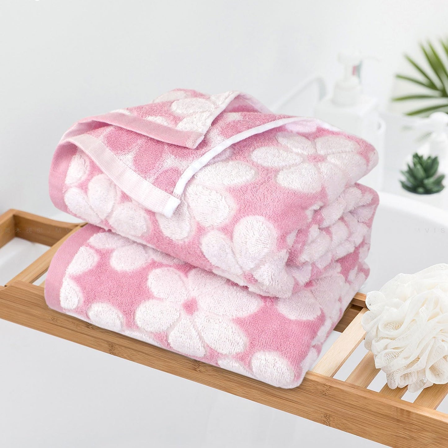 Jacquotha Pink Bath Towels Set of 2, Super Absorbent & Decorative 27.5x55 Inches, Cute Floral Jacquard Shower Towel for Bathroom Decor, Beach, Cotton