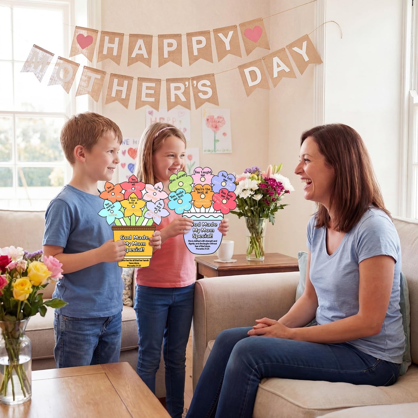Dunzoom 48 Pcs Mother's Day Christian Crafts Color Your Own Sunday School Crafts with 12 Colored Pencils God Made My Mom Special Flower Pot Arts DIY Bible Religious Gifts Church Classroom Activities