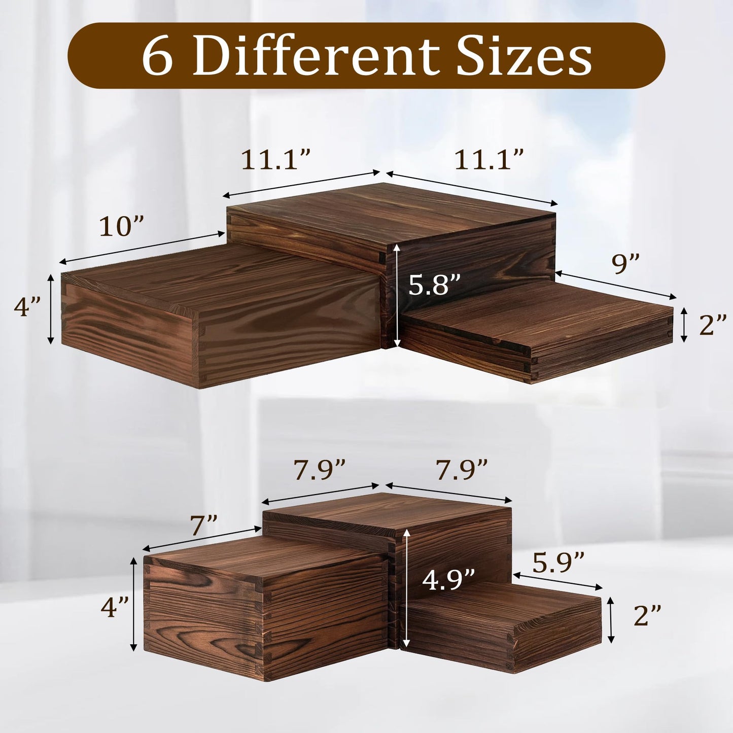 Verssure 6-Pack Wood Risers Display Stands, Multi-Height Food Risers for Buffet Table, Rustic Wooden Cake & Cupcake Stands for Party, Birthday, Wedding, Halloween Decor