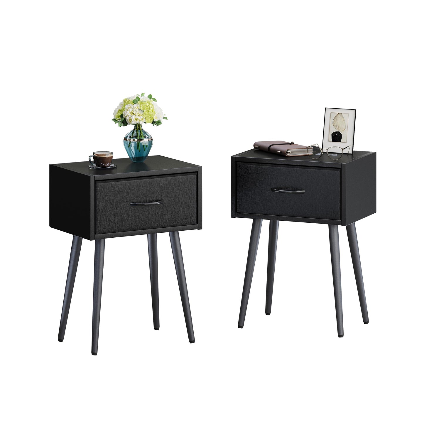 Small Black Nightstands Set of 2, Bedside Table with Fabric Drawer, Modern End Table with Metal Leg, Couch Side Table for Bedroom Living Room, Sofa, Office LNT504B