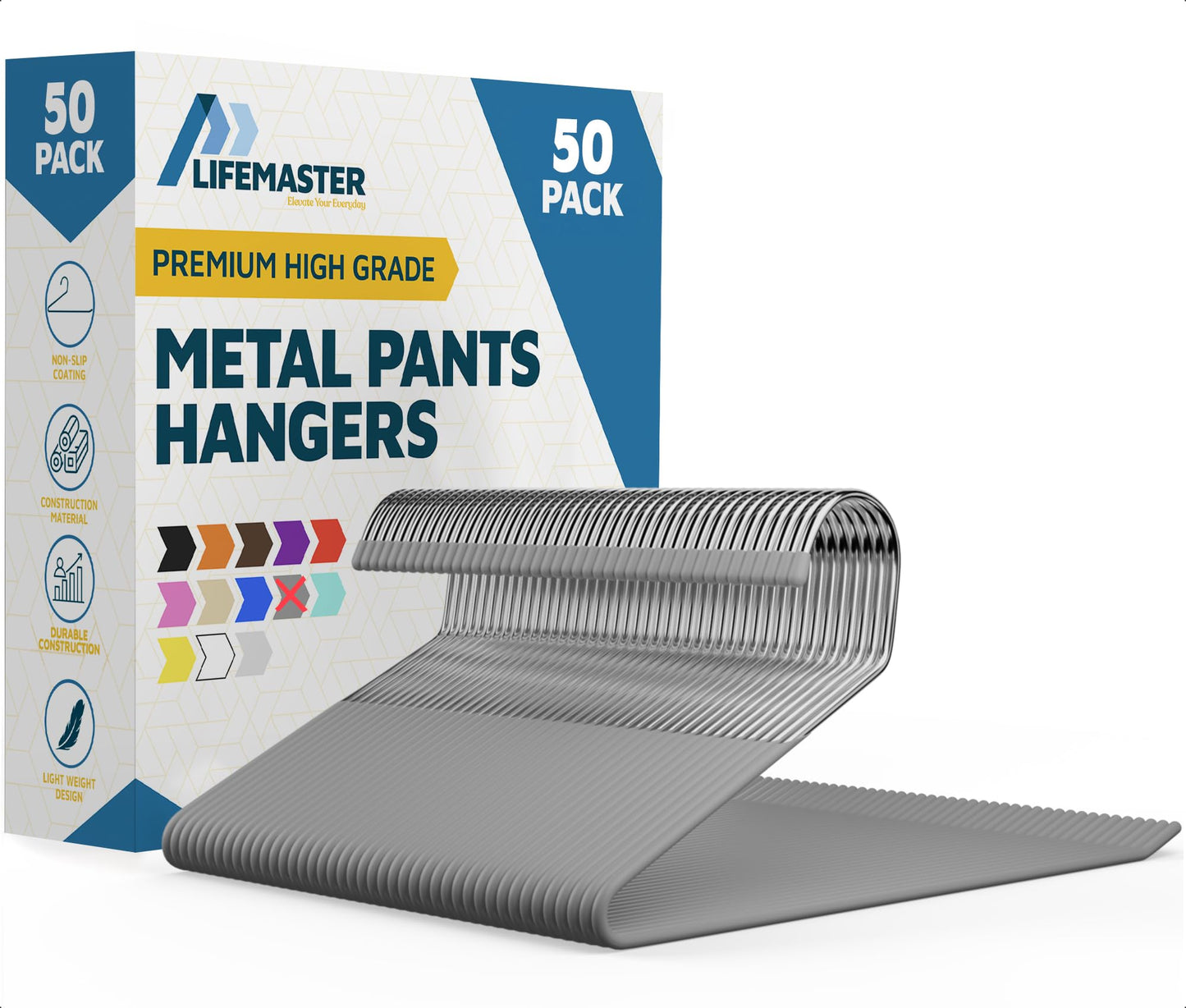 Lifemaster Metal Pants Hanger Set - 50 Pieces Elegant Non-Slip Closet Space Saving Hanger Set for Pants, Trouser, Blankets, and Jeans with Open Ended Sleek Design - Gray