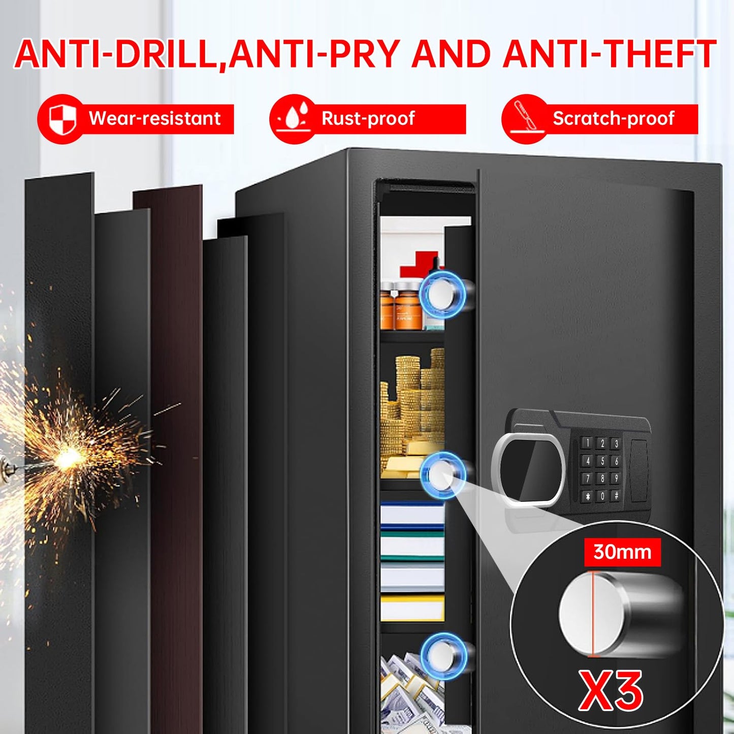 3.3 Cubic Feet Large Safes for Home Use Fire and Water Proof, Anti-Theft Digital Security Safe Box With Programmable Keypad & Spare Keys, Home Safes Water and Fireproof for Documents Money Valuables
