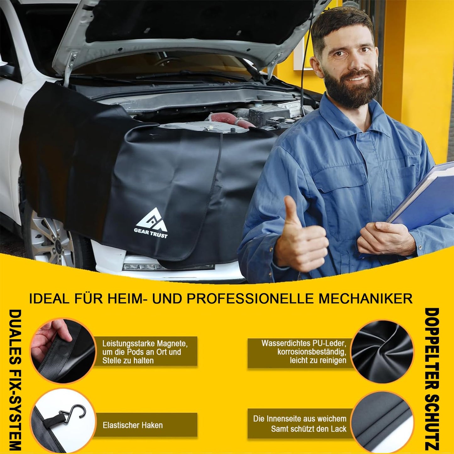GearTrust Thick Car SUV Fender Covers for Mechanics, 3 Pcs Large Size Dual Layer Protection Car Fender Protector for Mechanics, Magnetic Vehicle Work Mat Repair Accessories (Thick Version, Large)