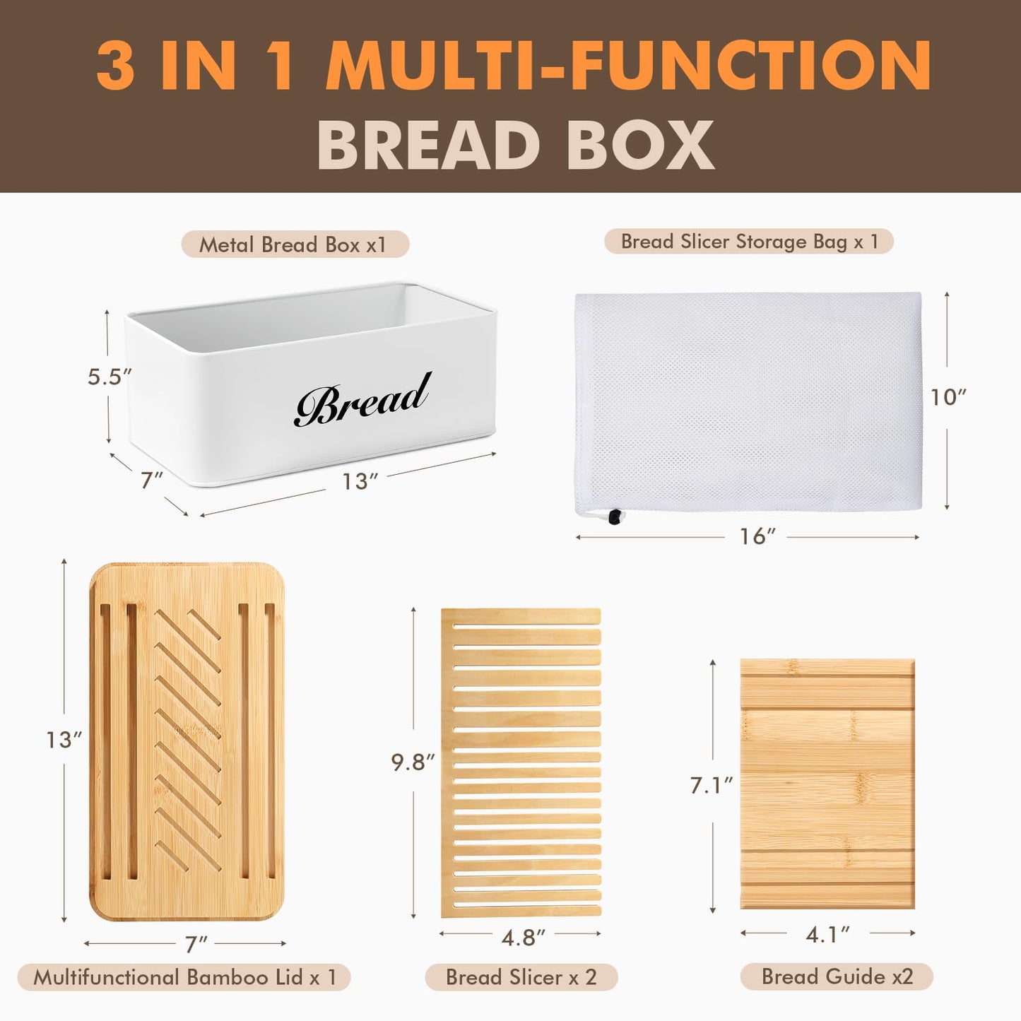 RYTOXILO Bread Slicer for Homemade Bread with Box, White Bread Storage for Kitchen Countertop with 3 in 1 Bamboo Lid, Bread Loaf Slicers Machine with Slicing Guide for Sandwich, Sourdough