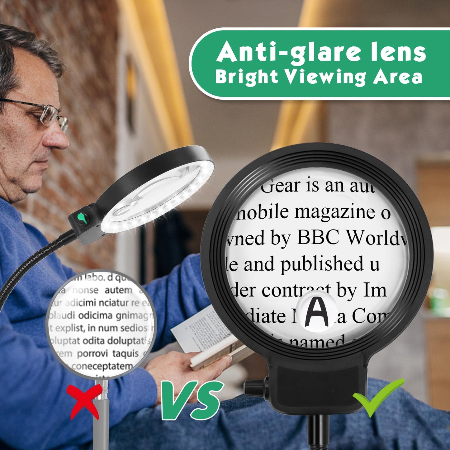 10X 30X Floor Magnifying Glass with Light and Stand,36 LED Flexible Gooseneck Magnifying Lamp, Adjustable Brightness Large Lighted Magnifiers for Reading,Sewing,Crafts,Painting,DIY,Close Work