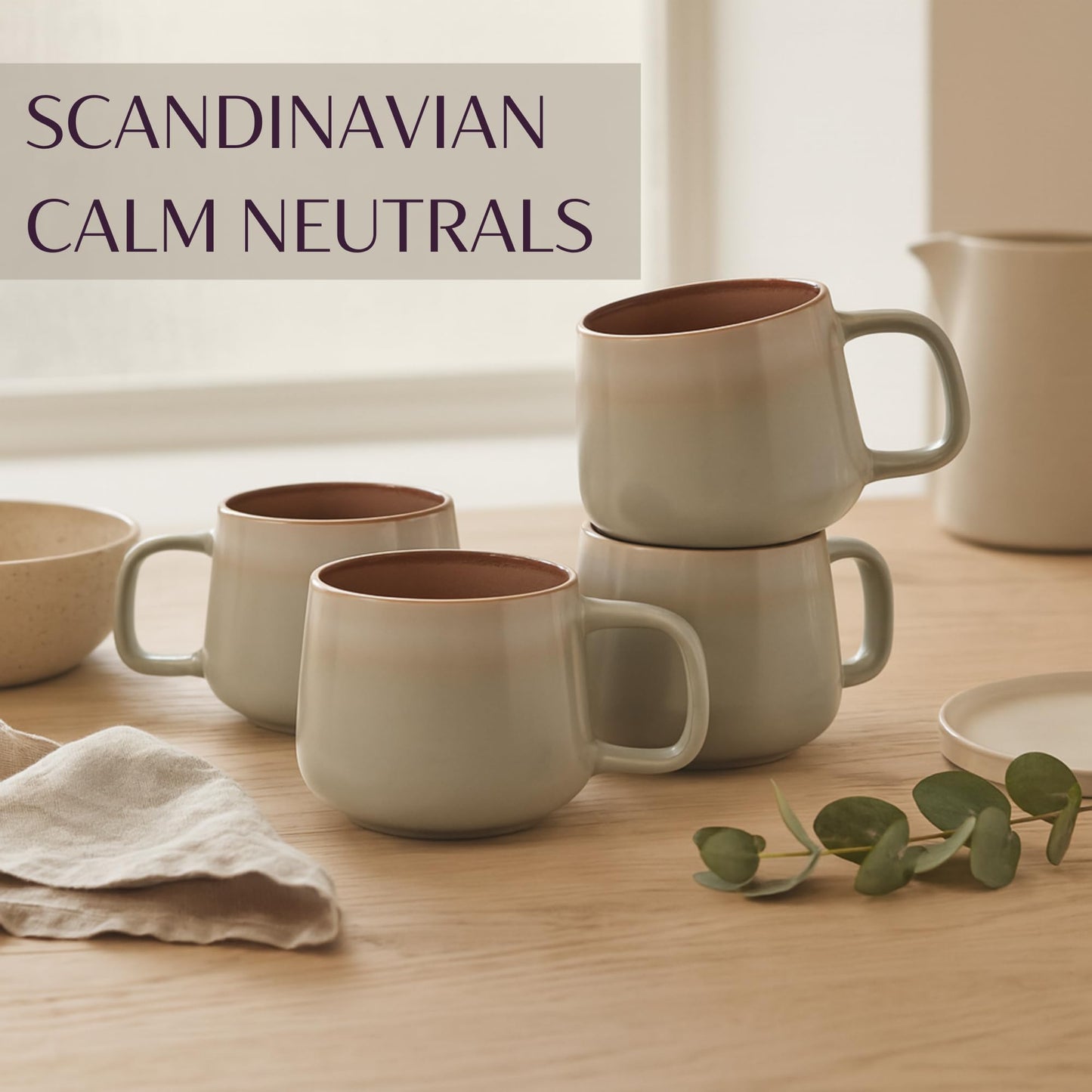 Ava Nord Large Ceramic Coffee Mugs Set of 4 | 16 oz Stoneware Coffee Cups | Lead-Free, Non-Toxic | Microwave and Dishwasher Safe | Comfortable Handle | Nordic Design for Tea, Cocoa, Latte | Sage Ash