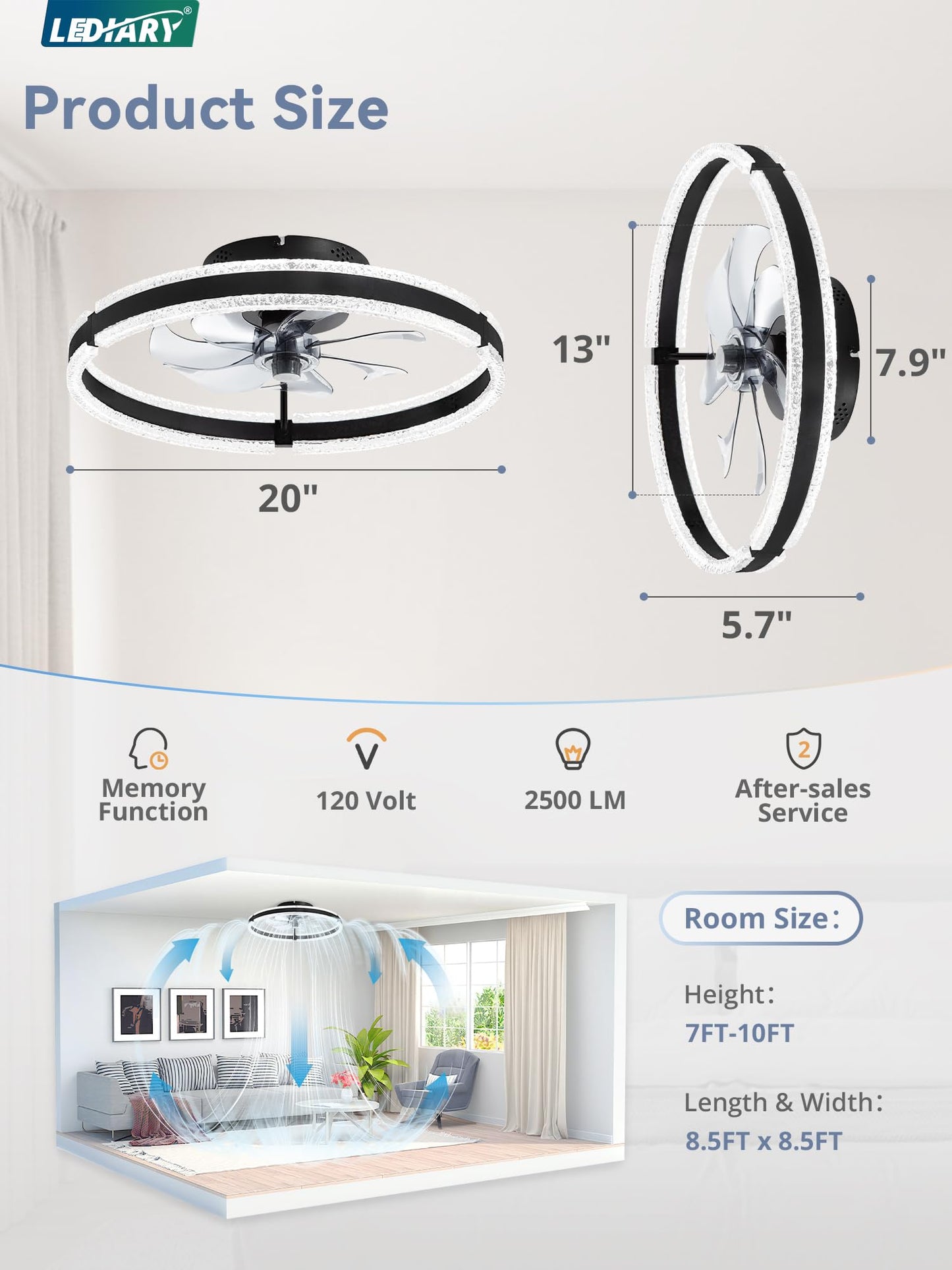 LEDIARY Ceiling Fans with Lights and Remote, 20'' Low Profile Ceiling Fan with Light, 3000-6000K Dimmable Fandelier Ceiling Fans, Modern Flush Mount Fan Light for Bedroom with 6 Wind Speeds- Black