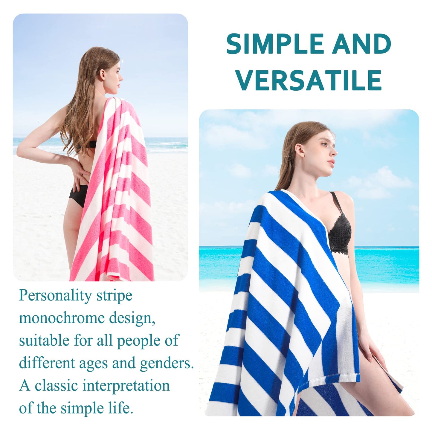 4 Packs Oversized Stripe Beach Towel Thin Terry Set for Women Men 72X40 In Absorbent Big Extra Large XL Clearance Travel FamiliesTowels Accessories Essentials Adults Gift Blue Pink Yellow Green