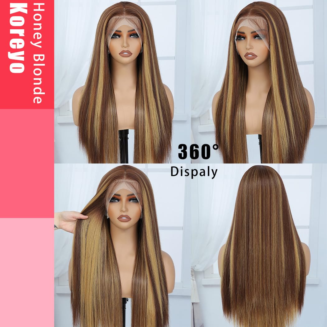Koreyo Highlight Lace Front Wig Pre Plucked 13x4 HD Glueless Honey Blonde Lace Front Wig for Women Natural Looking Synthetic Heat Resistant Fiber Lace Wig (26 Inch)
