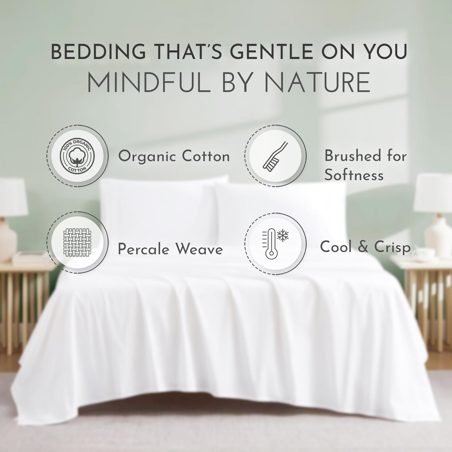 Linen Closet 4Pc 100% Organic Cotton King Size Sheets Set, Arctic White, 300 Thread Count, Percale Weave, Up To 18" Deep Pocket Fitted Sheet, Cooling & Breathable Bed Sheets Set, Juego De Sábanas King