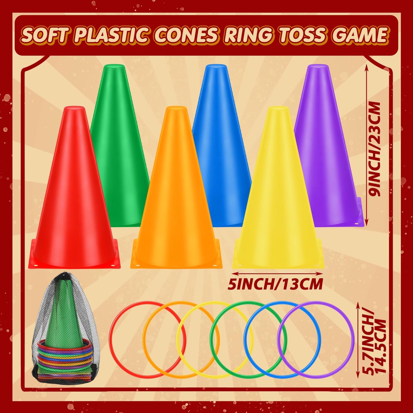 PullCrease 34 Pcs Carnival Games Set 5 in 1 Carnival Can Game Soft Plastic Cones Ring Toss Game Bean Bag toss Lawn Party Games Outdoor Games for Kids Birthday Party Backyard Events Summer