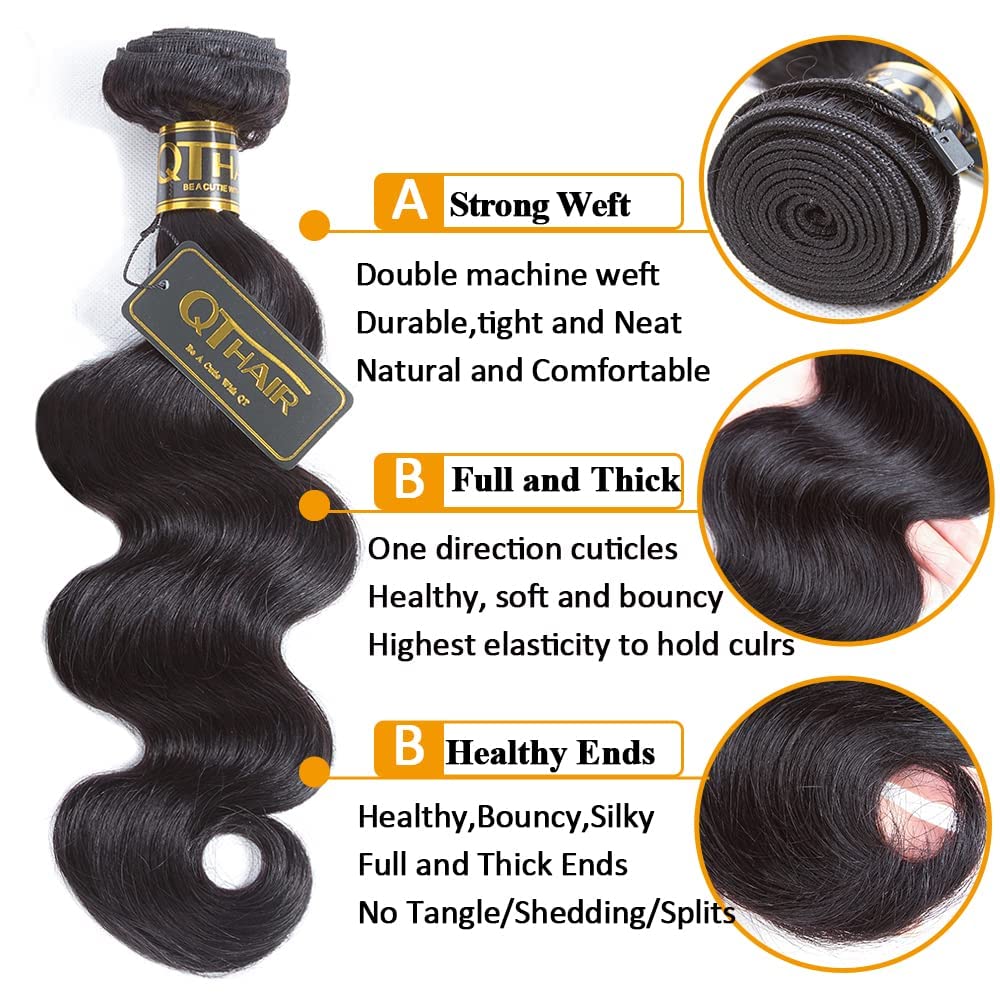 QTHAIR Brazilian Virgin Hair 16A Grade Body Wave Bundles 100% Unprocessed Virgin Brazilian Body Wavy Human Hair Bundles 20" 18" 16" 300g Brazilian Body Wave Human Hair Extensions