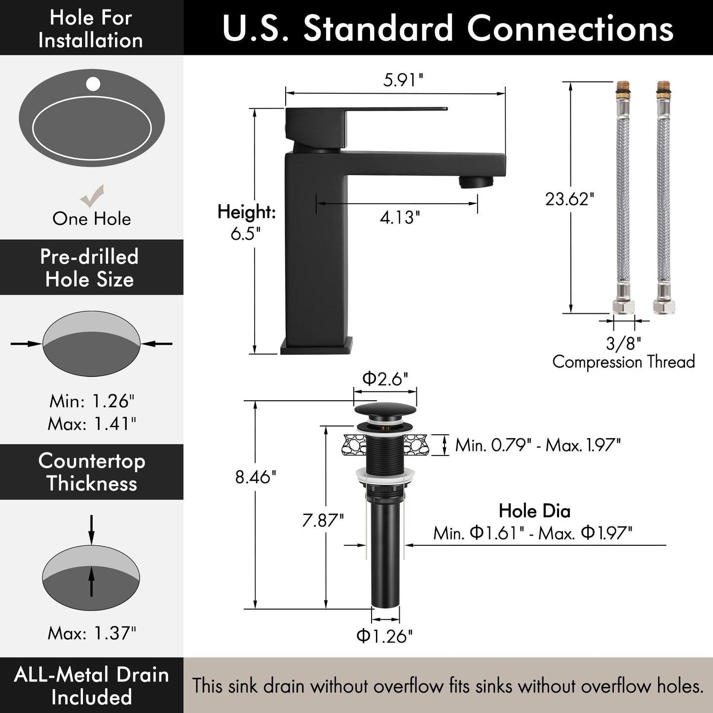 KES Black Bathroom Faucet & Bathroom Sink Drain with Overflow, cUPC Certified Vanity Single Hole Faucet with Pop Up Drain Stopper Rustproof Matte Black, L3156ALFF12-BK-C3