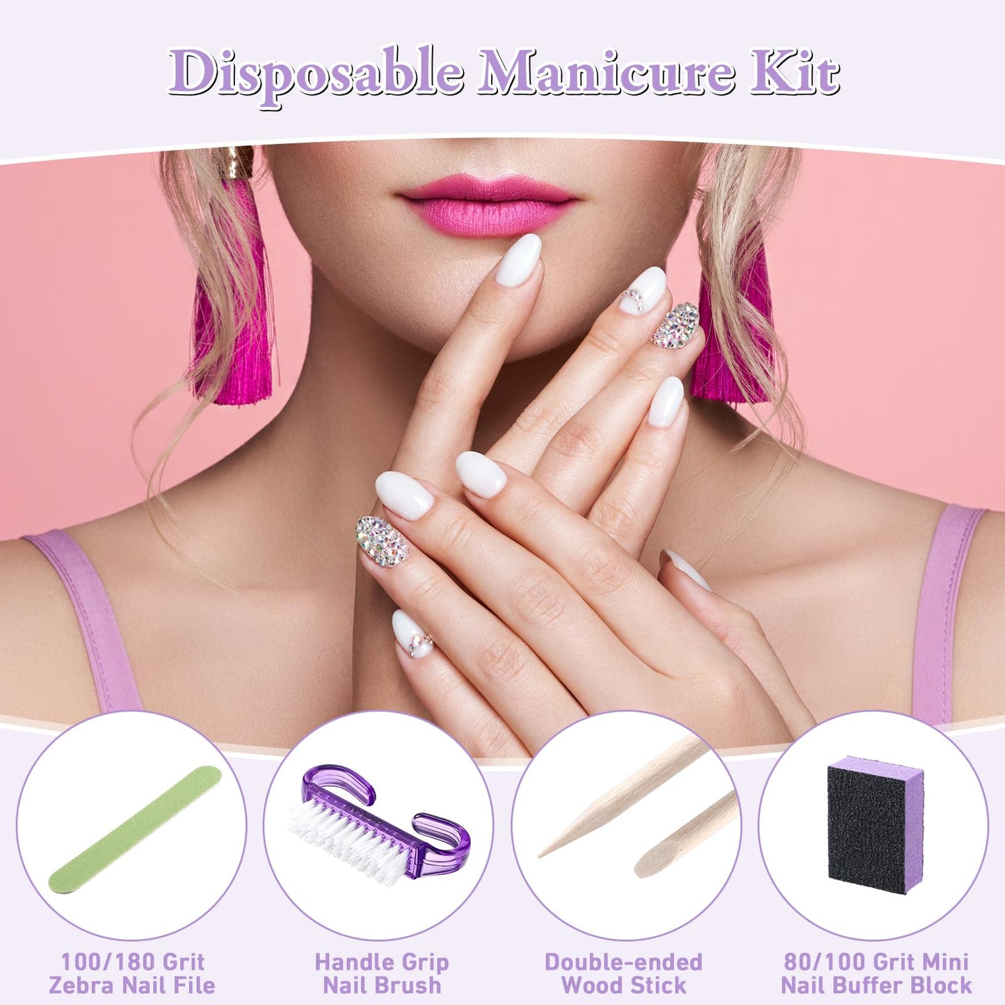 Leriton 100 Sets Professional Disposable Manicure Kit Basics 4 Piece Nail Kit Wood Nail File 100/180 Grit, Mini Buffer 80/100 Grit, Wood Stick and Handle Grip Nail Brush Valentine's Gifts (Purple)