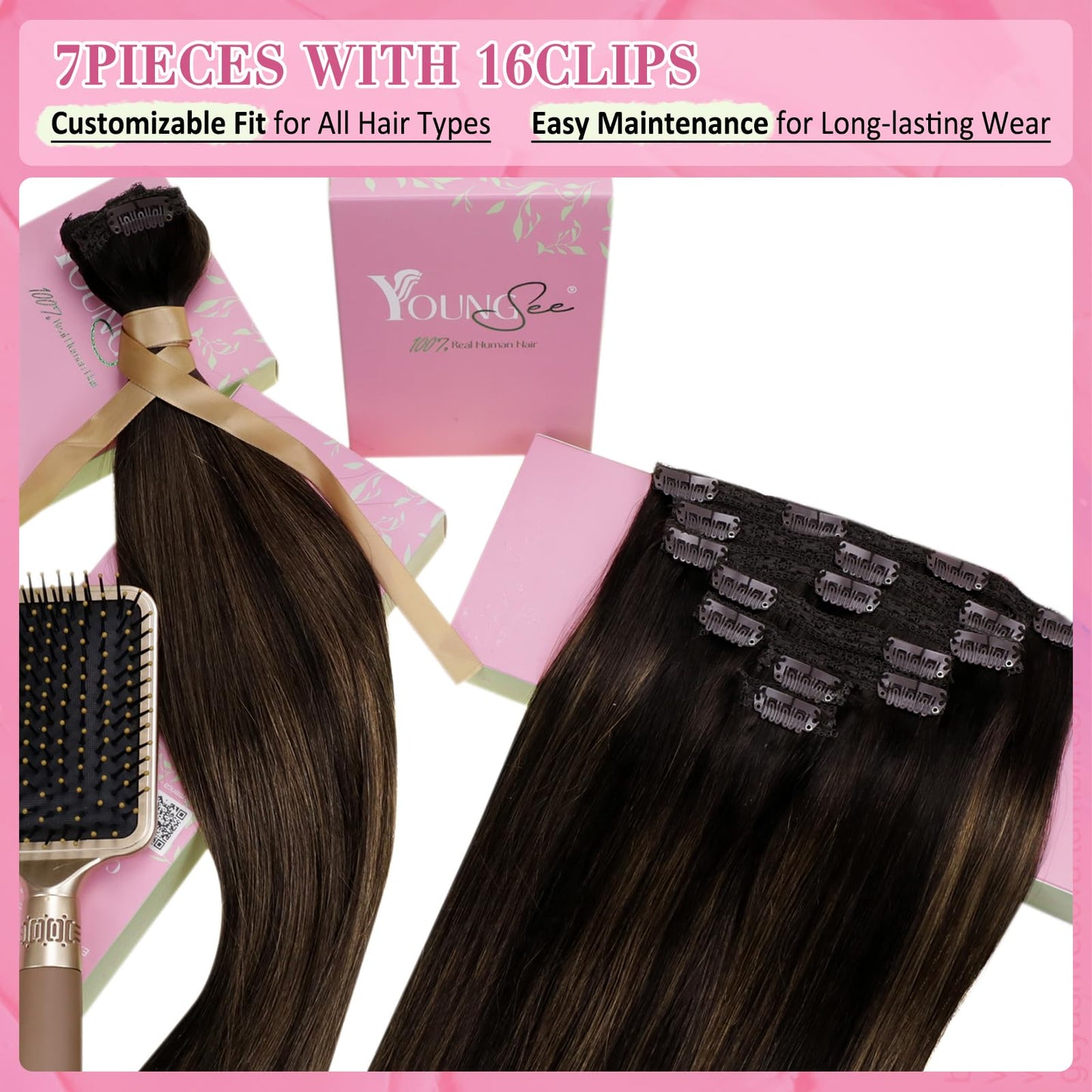 YoungSee Clip in Hair Extensions Human Hair Blayage Clip in Hair Extensions Real Human Hair Dark Brown Mix Medium Brown Highlights Brown Balayage Straight Hair Extensions Clip ins 18In 120G 7Pcs