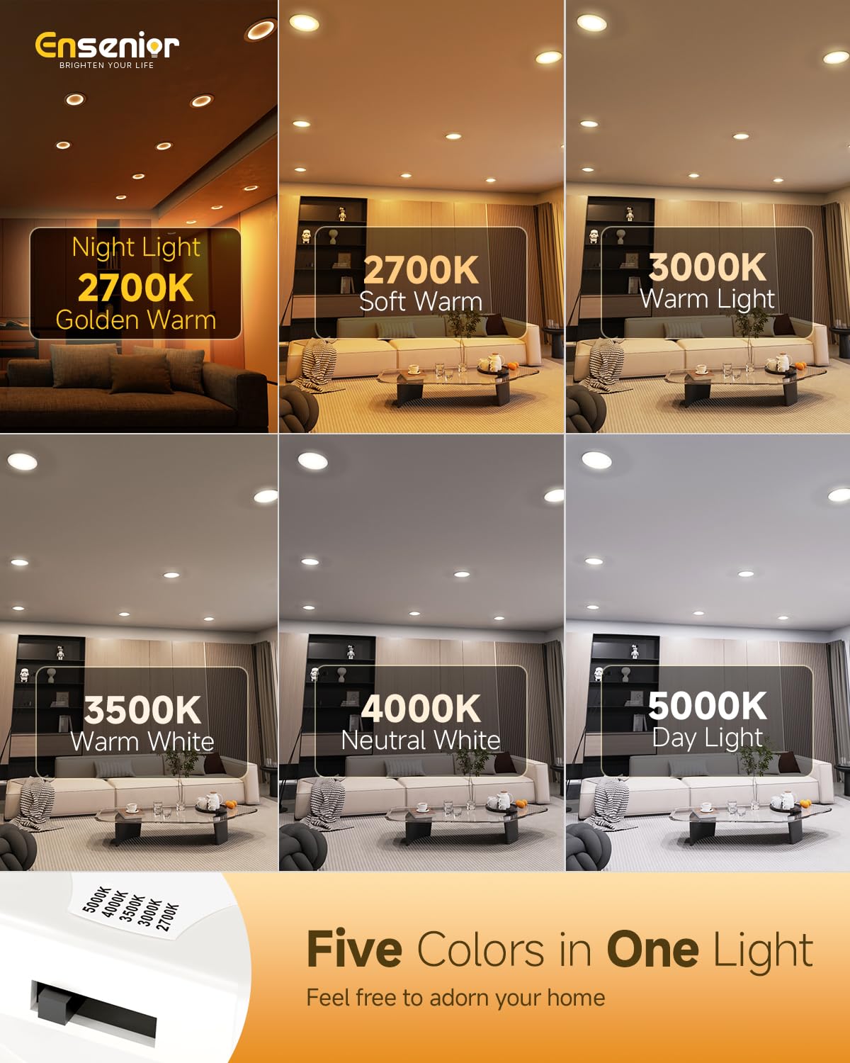 Ensenior 5/6 Inch 5CCT LED Can Lights with Night Light 12 Pack, Retrofit Led Recessed Lighting, Baffle Trim, Dimmable, 9W=110W, 1000LM, IC Rated - FCC