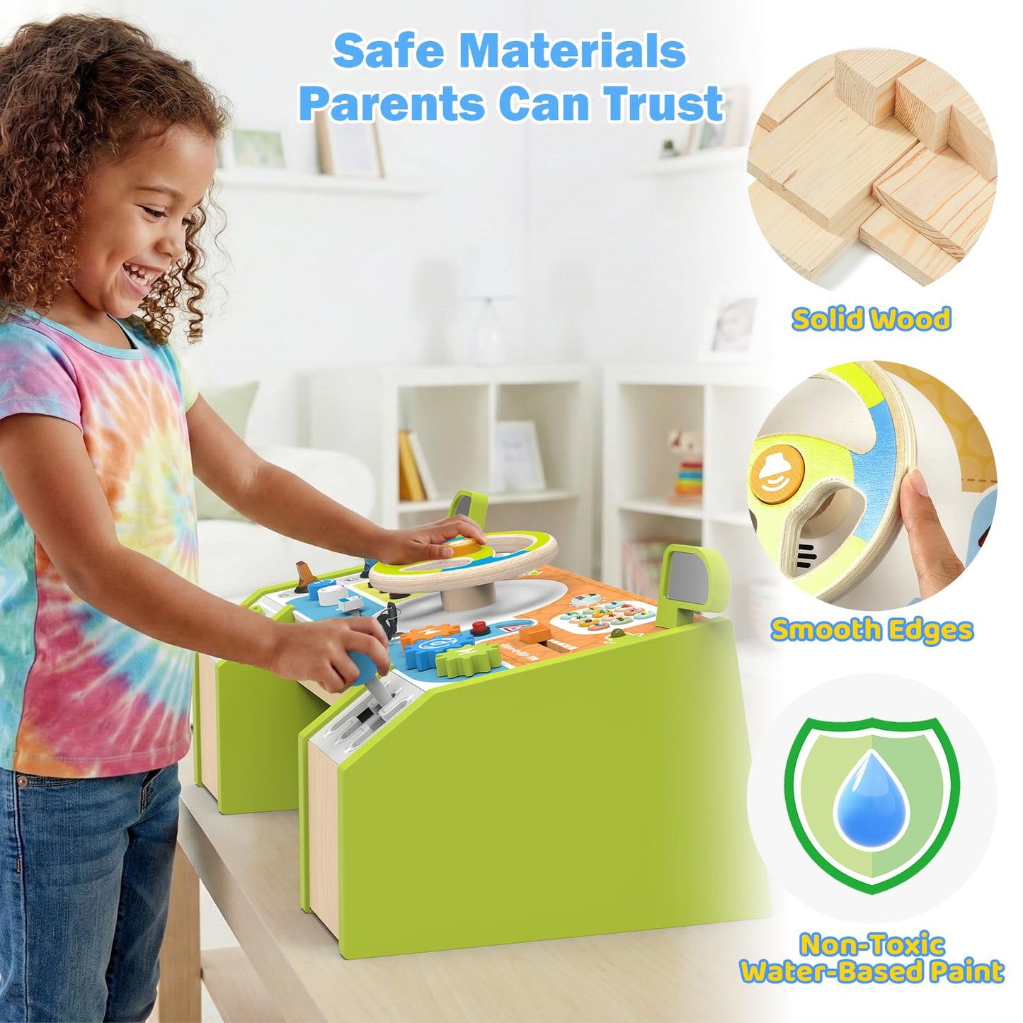 Montessori Wooden Steering Wheel Toy for Toddlers & Kids, Interactive Pretend Driving Dashboard Busy Board with 12 Cars Sounds & Lights, Preschool Learning Sensory Educational Toy, Gift for Boys Girls