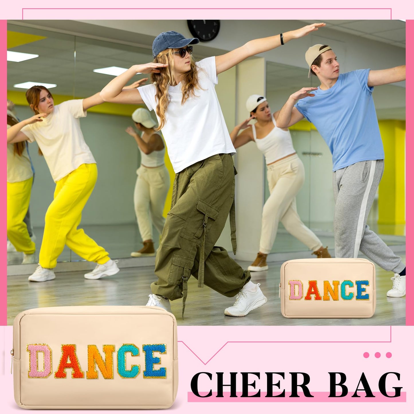Clysee 12 Pcs Cosmetic Cheer Bag Bulk with Chenille Letter Patches Gifts Nylon Makeup Bag Portable Toiletry Zipper Pouch for Cheerleader Women Travel Accessories(Novel Colors,Dance)