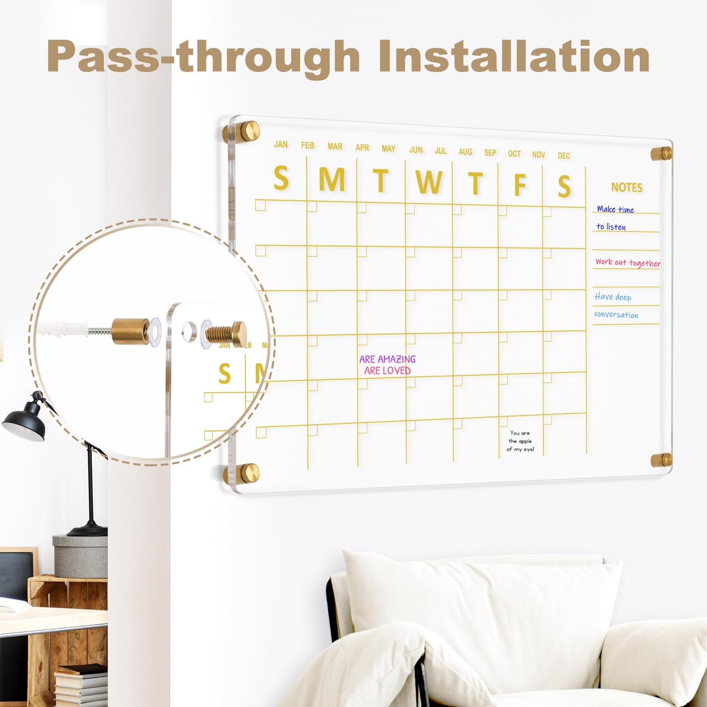 AMUSIGHT Large Acrylic Calendar for Wall, 24" X 16" Golden Clear Acrylic Wall Calendar, Clear Wet & Dry Erase Calendar Hanging Frameless Monthly Planner for Office, Home or School, 2 Markers