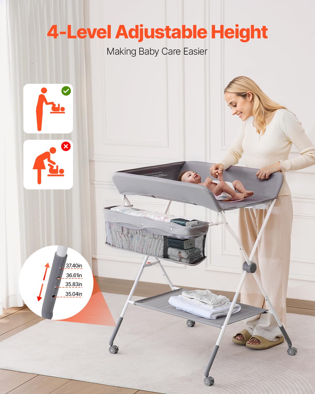 VEVOR Baby Changing Table, Foldable Diaper Change Station with Side Basket, Adjustable Height Changing Table with Lockable Wheels, Multi-Functional Nursery Storage Organizer, Gray
