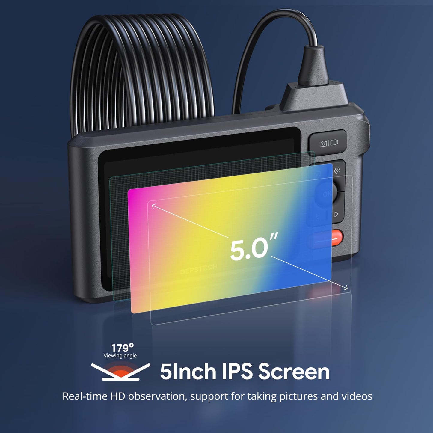 50FT Sewer Inspection Camera, DEPSTECH 1080P Dual Lens Endoscope with Lights, 5" IPS Screen Borescope Tool, Split Screen, IP67 Waterproof, 7.9mm Snake Scope Drain Camera for Wall Drain Pipe Automotive