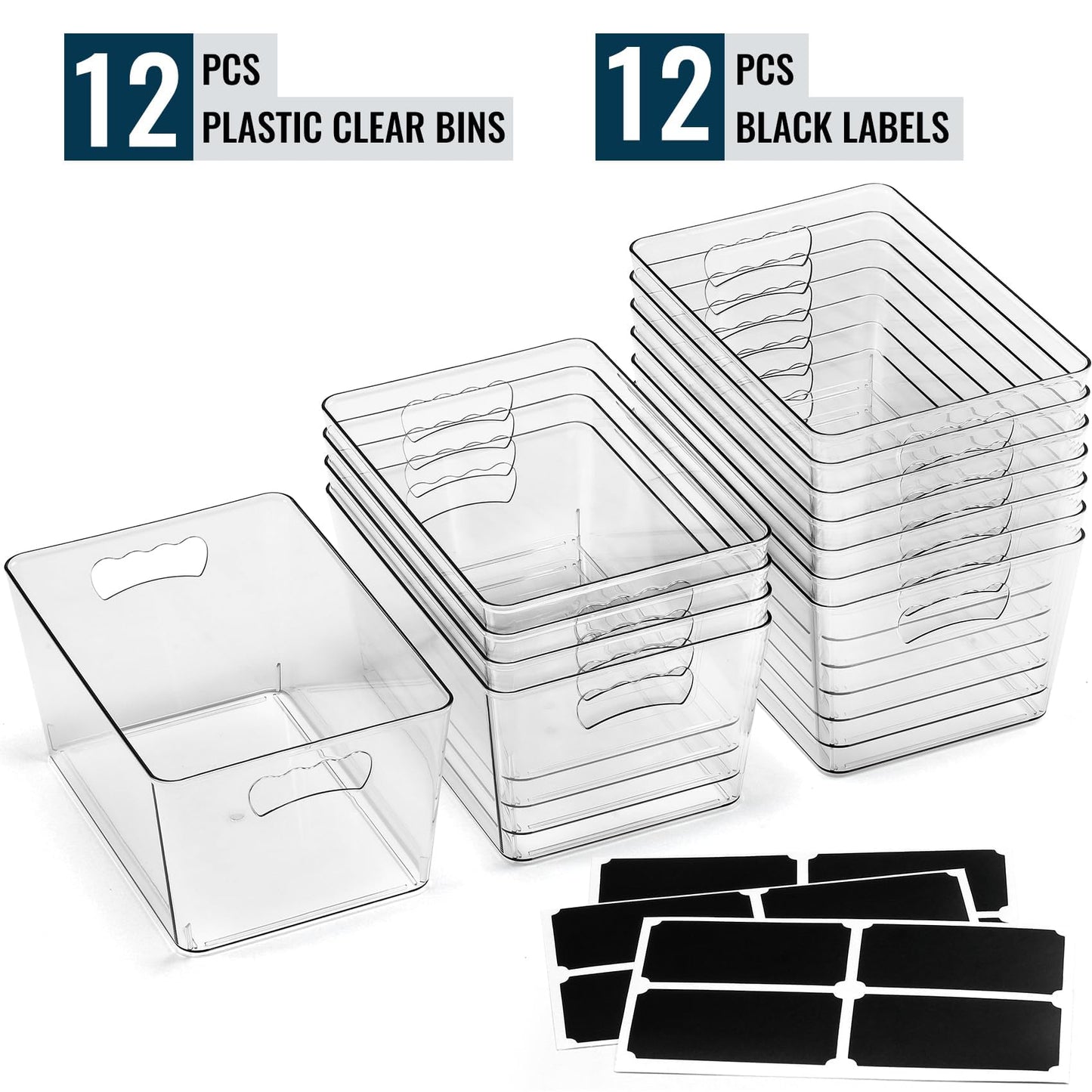 12 PACK LARGE Clear Storage Bins with Handles & Labels, Multiuse Plastic Pantry Organizer Bins for Home Kitchen, Fridge, Freezer, Cabinet, Closet, Bathroom, Shelf, Laundry, RV, Under Sink Organization