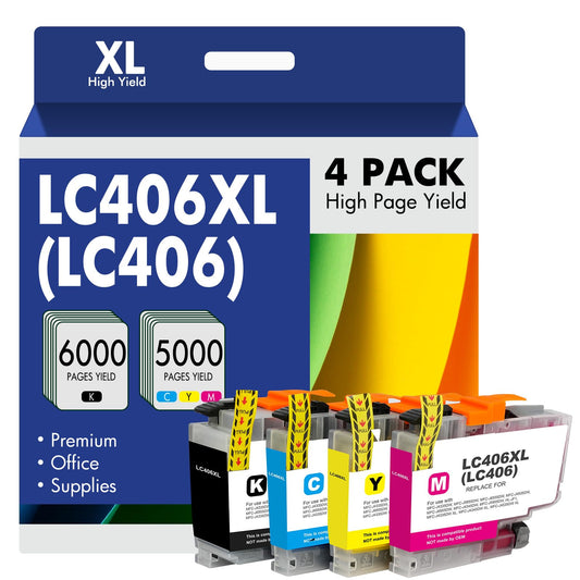 LC406 LC406XL Ink Cartridges for Brother Printer 406XL LC 406 XL for MFC-J4335DW MFC-J5855DW MFC-J6555DW MFC-J4535DW MFC-J6955DW MFC-J4345DW MFC-J5955DW - 4 Pack High Yields Black Cyan Magenta Yellow