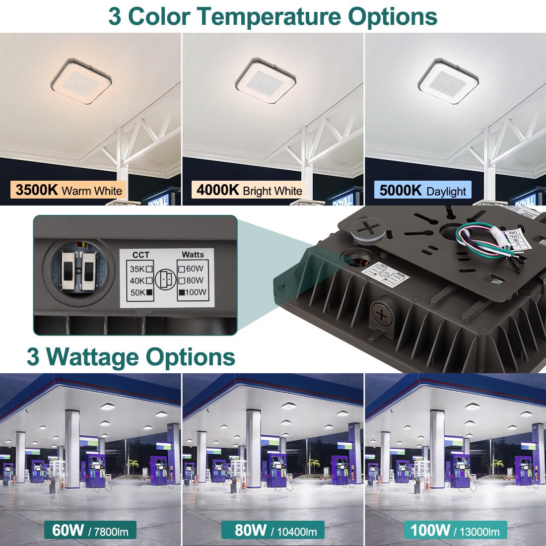 Kadision LED Canopy Light 100W (400 MH Equiv.), 10"x10" Square Gas Station Light with Selectable Wattage (100/80/60W) and CCT (5000/4000/3500K), 0-10V Dimmable IP65 Waterproof, UL Certified