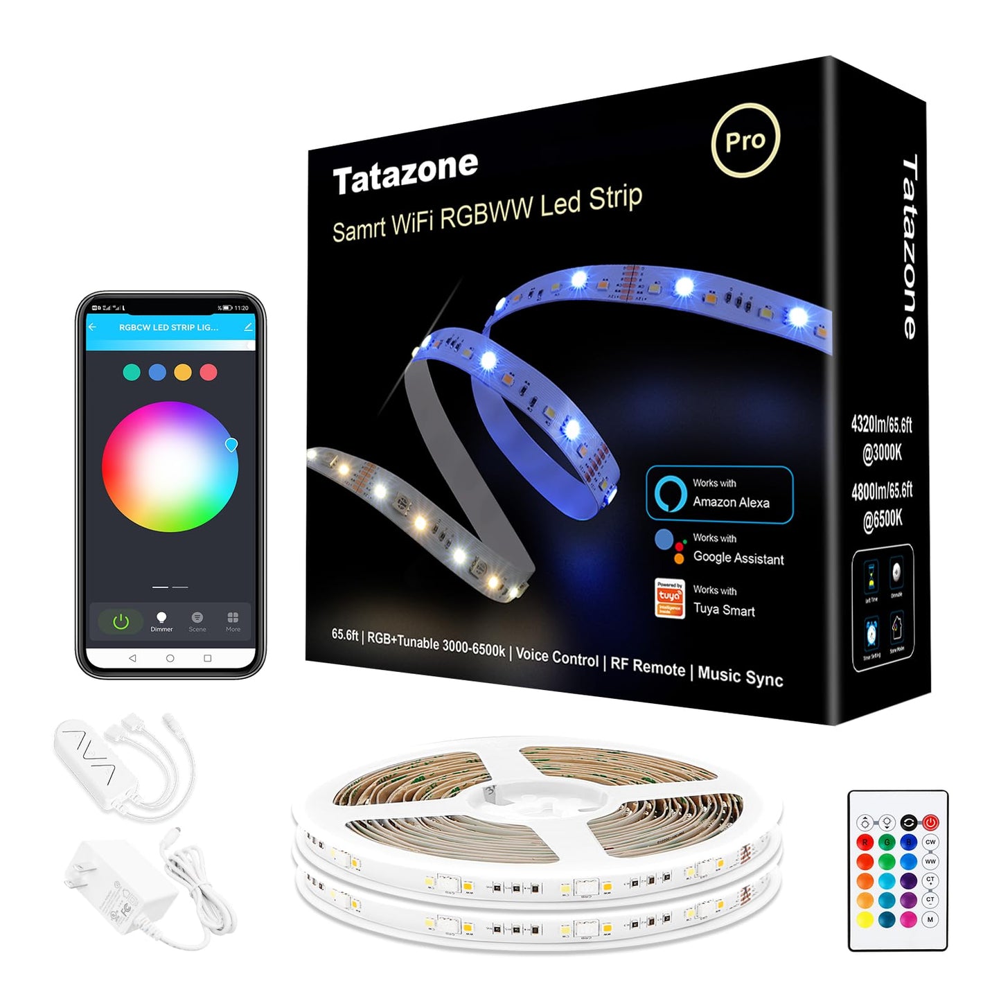 Tatazone RGBWW Smart LED Strip Lights, 65.6ft Tunable White 3000K to 6500K+RGB WiFi Led Lights Work with Alexa Google, Music Sync Color Changing Indoor for Kitchen, Room, Cabinet, 2 Roll of 32.8ft