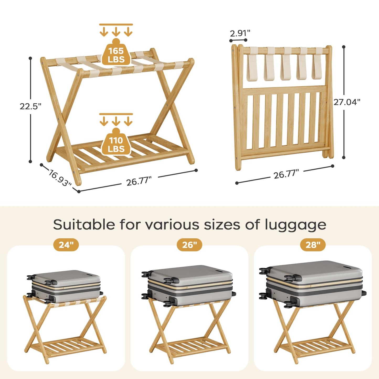 oakvivo Fully Assembled Luggage Rack, 26.77" Luggage Rack for Guest Room, Bamboo Folding Suitcase Stand with Storage Shelf, 5 Nylon Straps, Heavy Duty Luggage Holder for Bedroom Hotel, 1 Pack, Natural