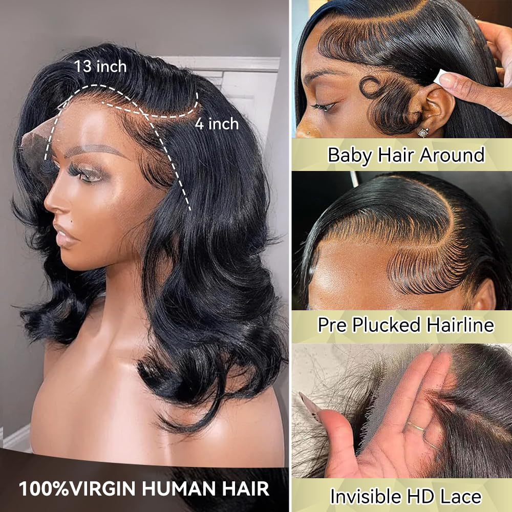 13x4 HD Lace Front Wigs Human Hair 16 Inch Glueless Human Hair Pre Plucked 180 Density Short Body Wave Lace Frontal Wigs Human Hair for Black Women Supre Soft Natural Black Color