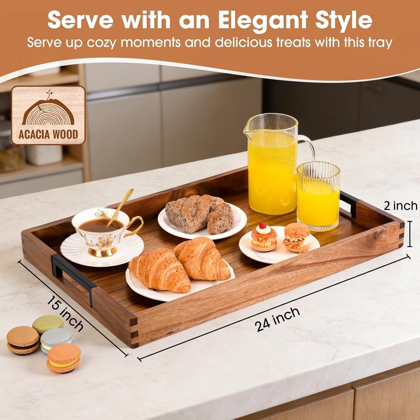 Large Ottoman Tray for Living Room and Coffee Table, Decorative Acacia Wood Serving Tray with Metal Handles for Breakfast in Bed, Dinner Food Kitchen TV (Natural, 24" x 15" x 2")
