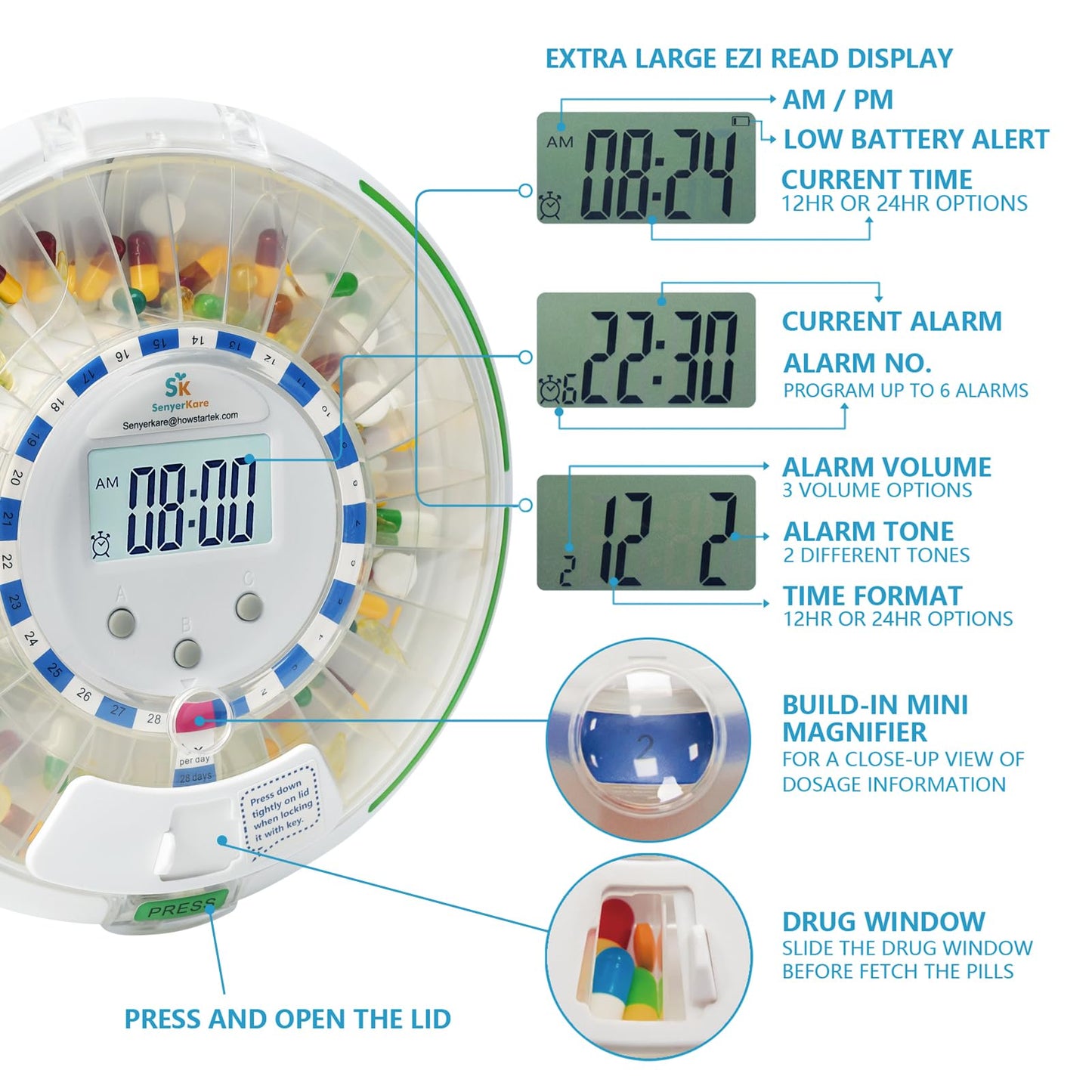 SenyerKare Automatic Pill Dispenser with Safety Lock, Flashing Light, Sound, Alarm, 28-Day Electronic Medication Dispenser for Vitamins and Tablets Up 6 Times/Day, Easy Read Display, Clear Lid