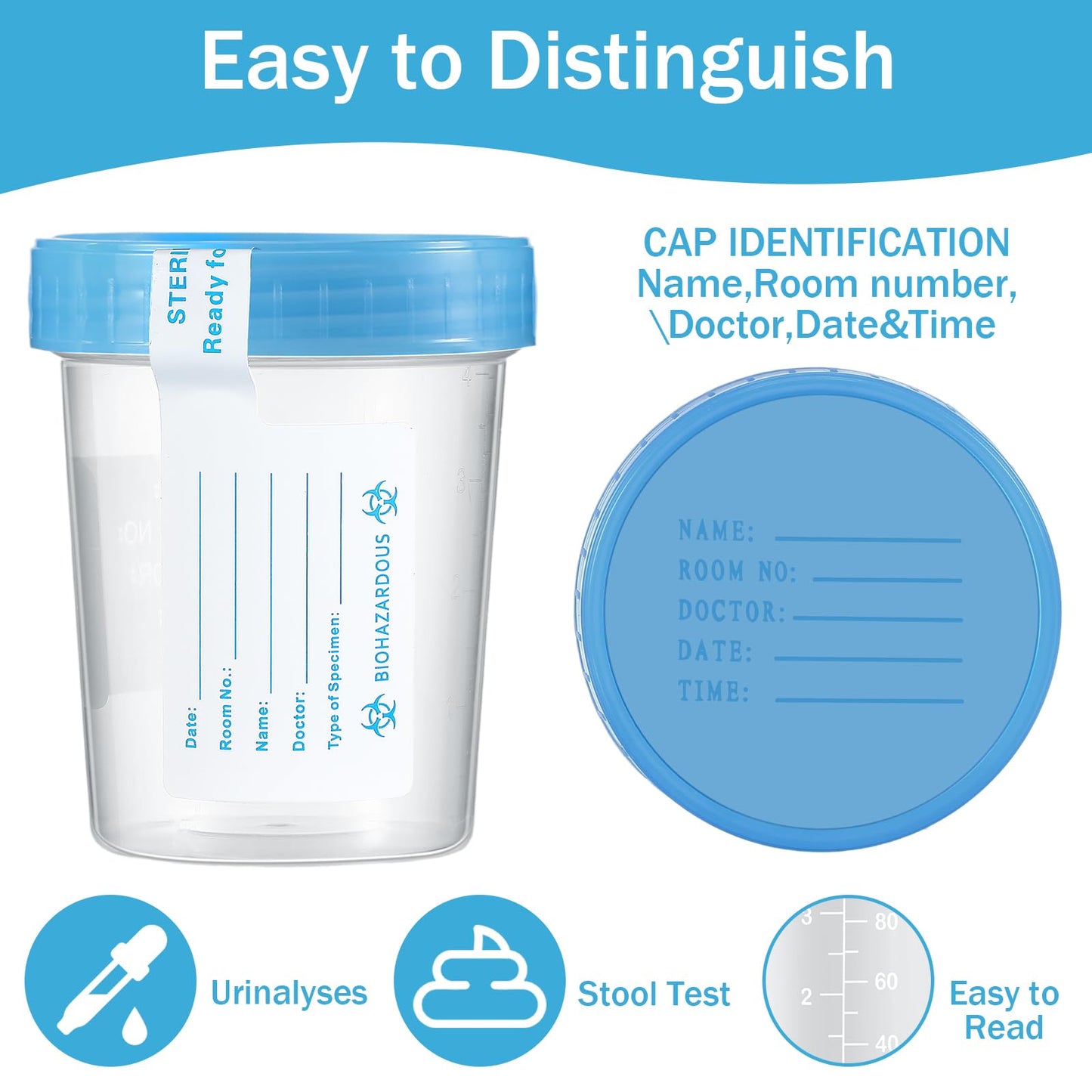 200 Pcs Urine Specimen Cups with Lids and Evident Seal Urine Sample Cups Collection Cup Disposable for Collection and Testing (Blue Lids)