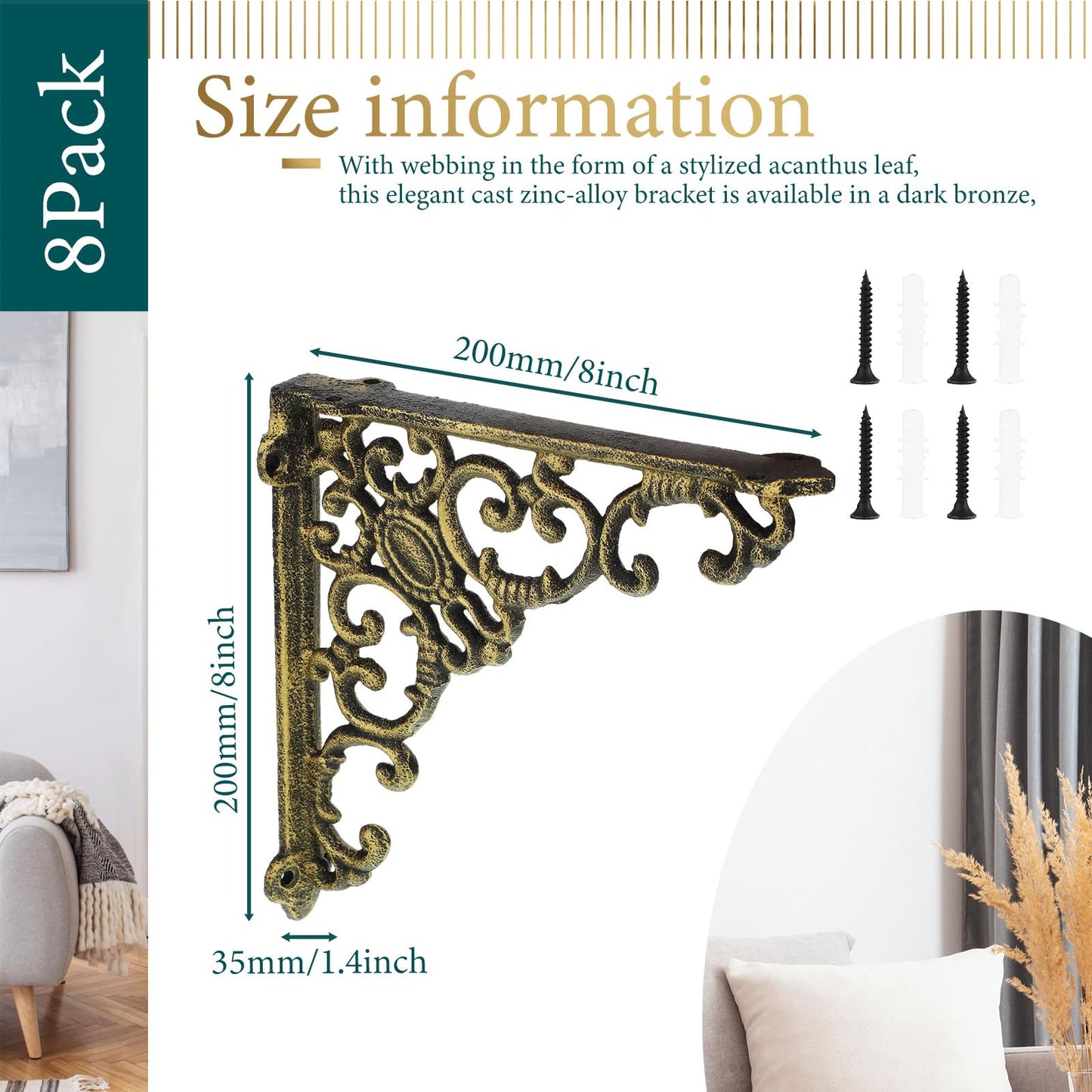 Lounsweer 8 Pcs Heavy Duty Antique Brass Shelf Brackets 8'' Wall Mounted Shelf Brackets Decorative Floating Rack Shelving Hardware for Kitchen Bathroom Home Cabinet Shelves Support (Classic)