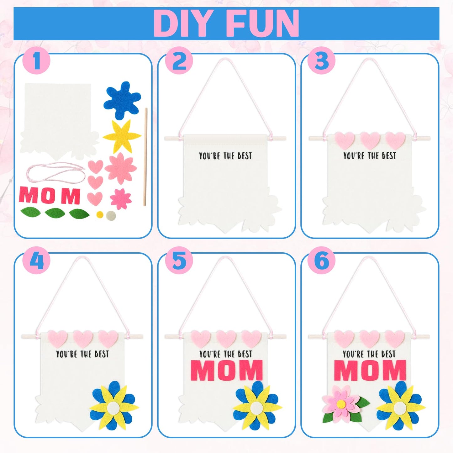 Mindsoft 24 Set Mini Mother's Day Banner Craft Kit 3 Designs Mother's Day Banner Mothers Day Crafts for Kids Classroom Holiday Mom Gift for Kids DIY Home School Crafts Outdoor Yard Door Decorations