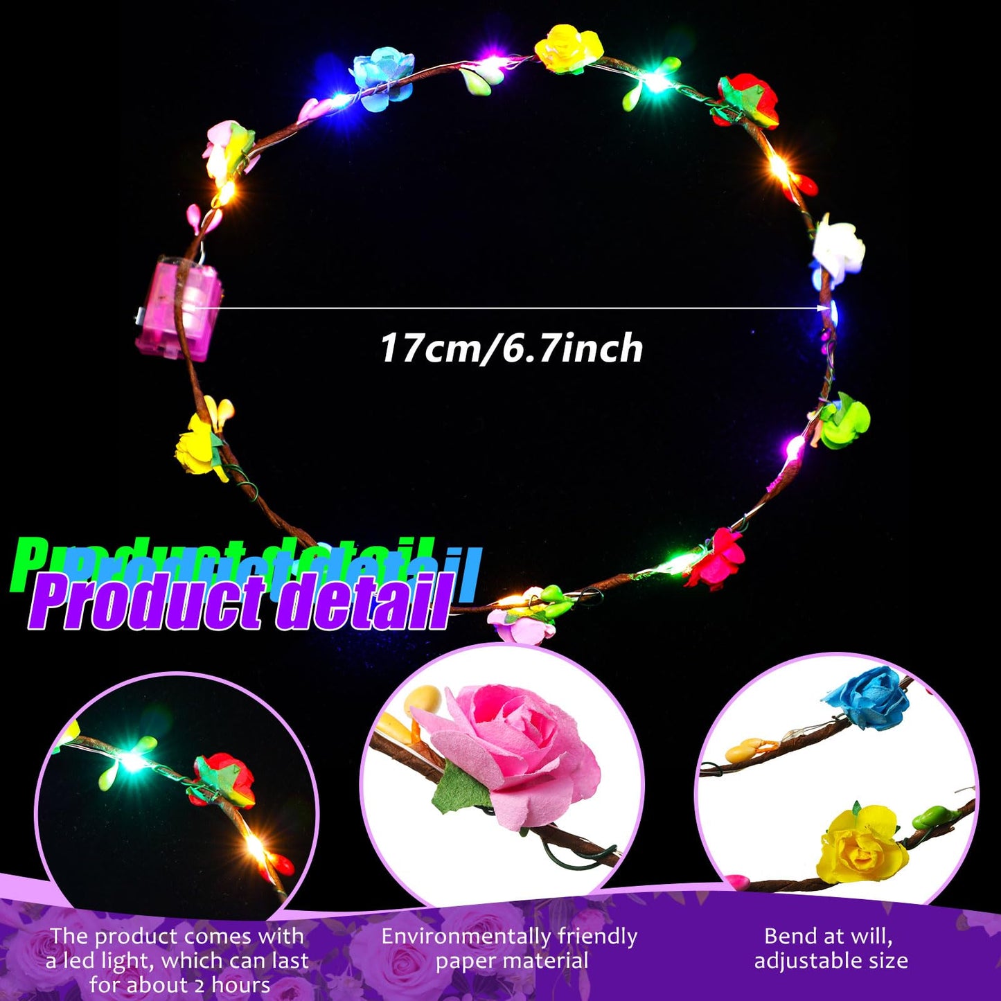 Syhood 40 Pcs LED Flower Headband, Light up Flower Crown Garland Headdress Floral Headpiece for Women Hair Accessories Valentine's Day Holiday Birthday Wedding Party(Plum Blossom Style)