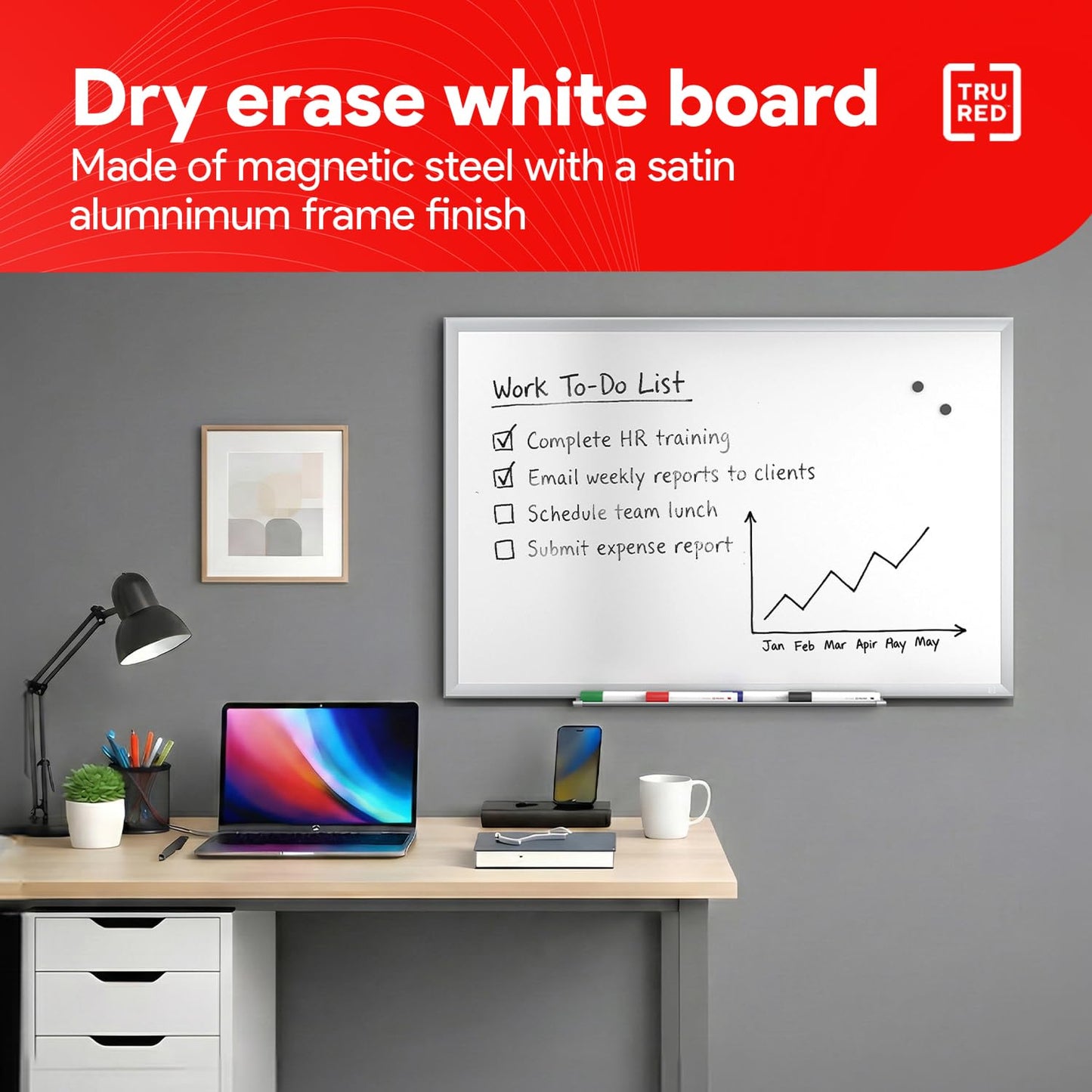 TRU RED Steel Magnetic Whiteboard | Dry Erase Board for Wall, White Board with Satin Frame, 3 ft x 2 ft, + 4 Multicolor Markers
