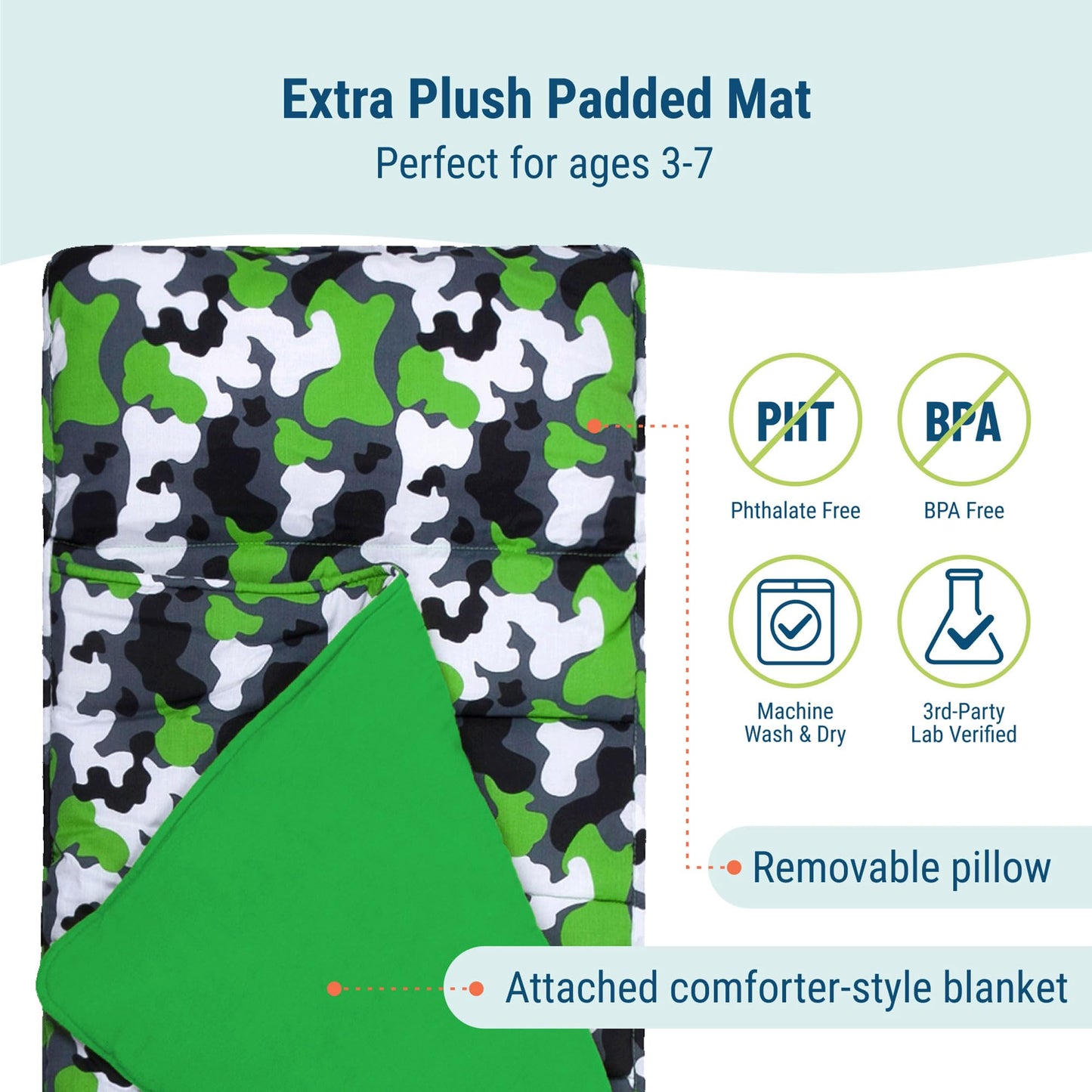 Wildkin Original Nap Mat for Kids – Soft, Cozy & Roll-Up Ready Sleep Mat, Ideal for School & Travel - Camo Green