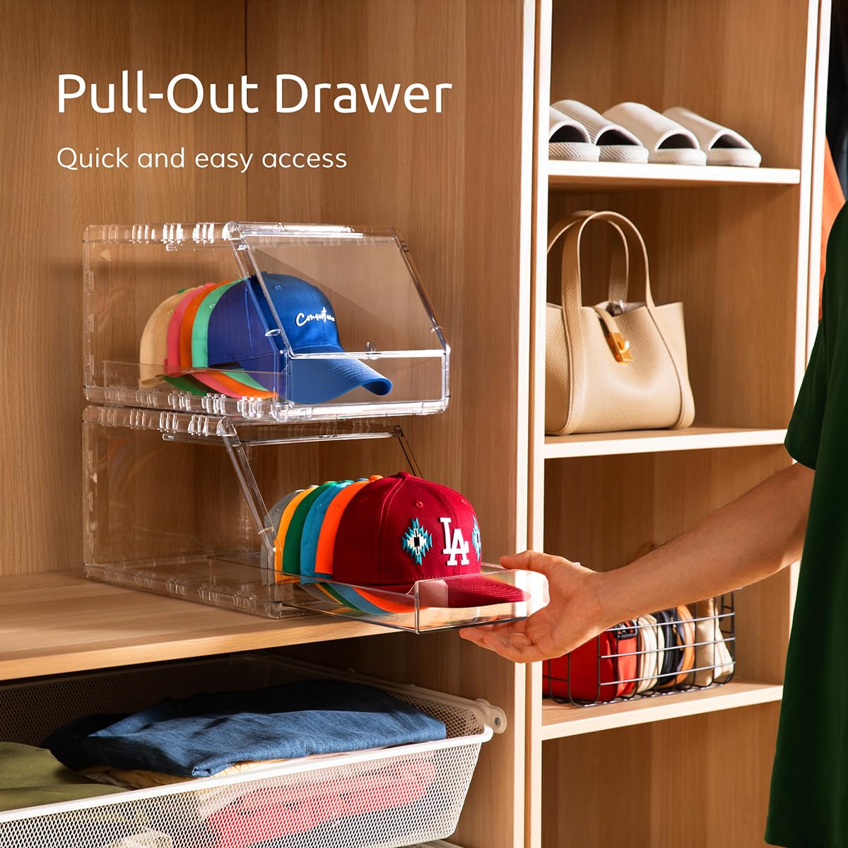 Ozueccr 2 Pack Hat Organizer for Baseball Caps – Stackable Clear Display Box with Sliding Drawer, Holds 15 Baseball Caps, Closet and Shelf Organizer for Hats, Transparent Display with Anti-Slip Feet