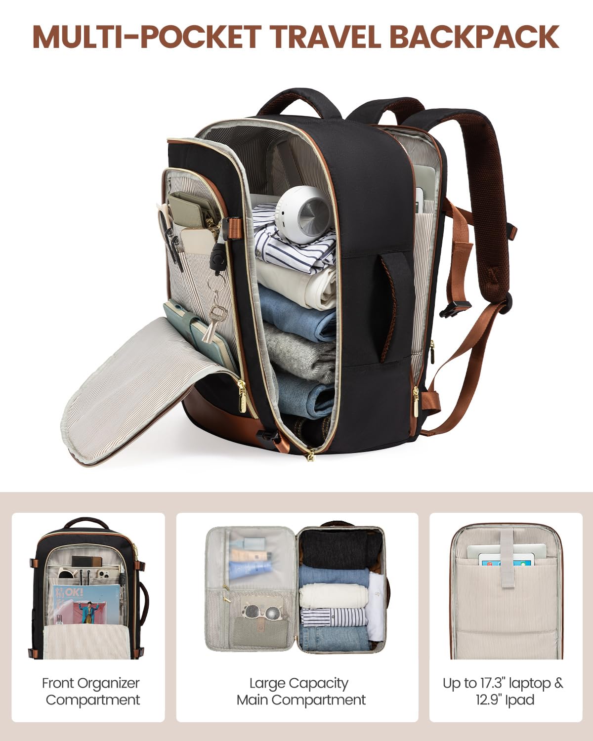 LOVEVOOK Travel Backpack for Women, 40L Carry On Backpack Flight Approved, Large Personal Item Bag Fits 17 inch Laptop, TSA Approved Luggage with 3 Packing Cubes,Waterproof Weekender Gym Daypack